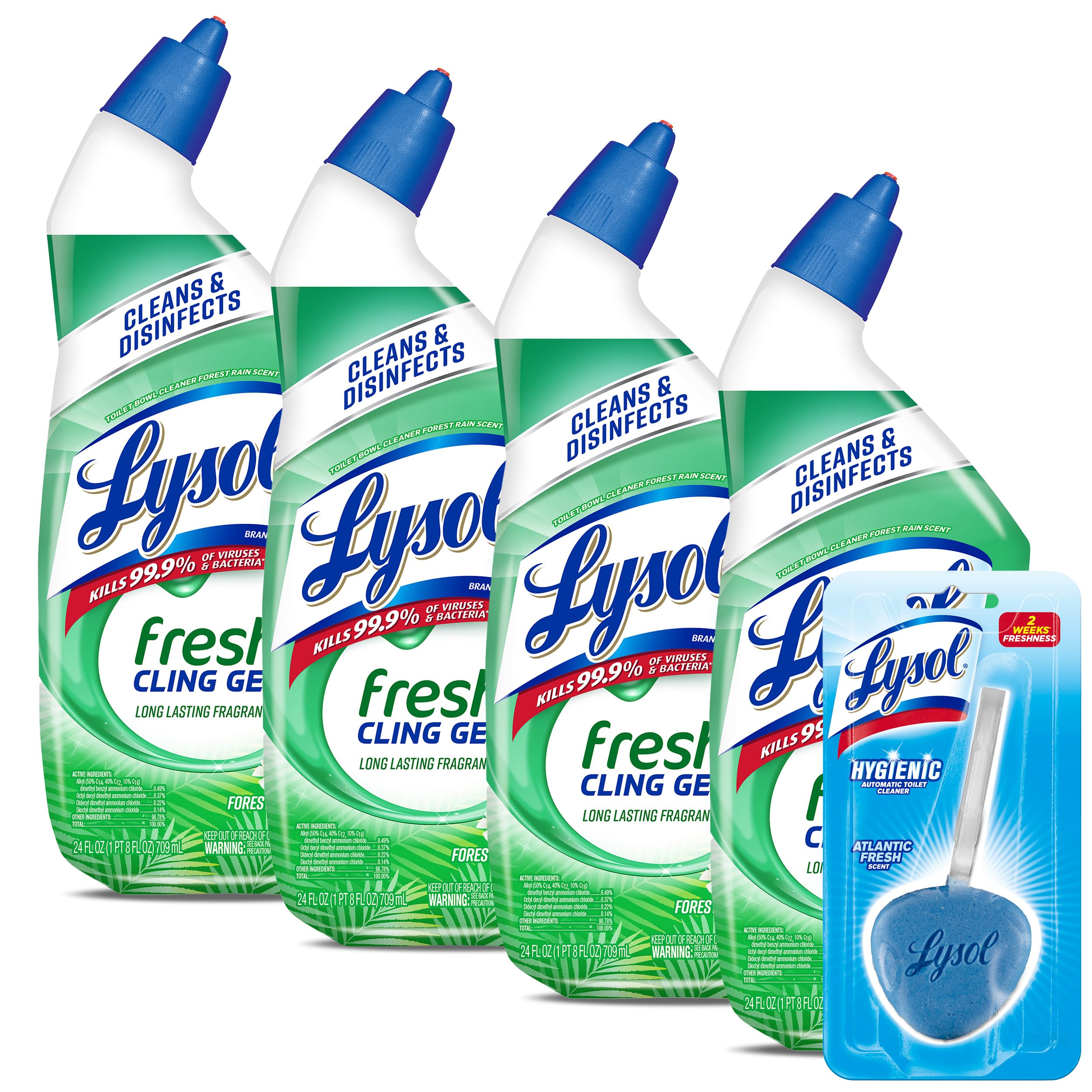 Lysol Toilet Bowl Cleaner Gel, For Cleaning and Disinfecting, Stain Removal, Forest Rain Scent, 24 Oz (Pack of 4) - With 1ct Auto In-The-Bowl Toilet Cleaner, Ocean Fresh