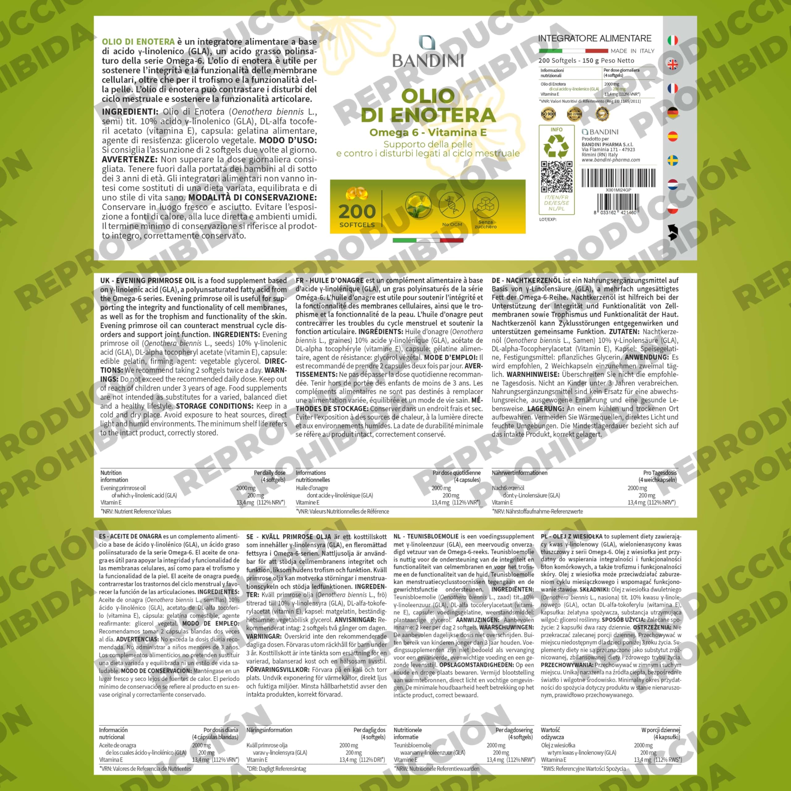 Bandini® Aceite de Onagra 2000 mg - Síntomas menstruales, mantenimiento de piel y huesos - 200 cápsulas blandas - 10% GLA, prensado en frío, con vitamina E - Antioxidante y para la menopausia
