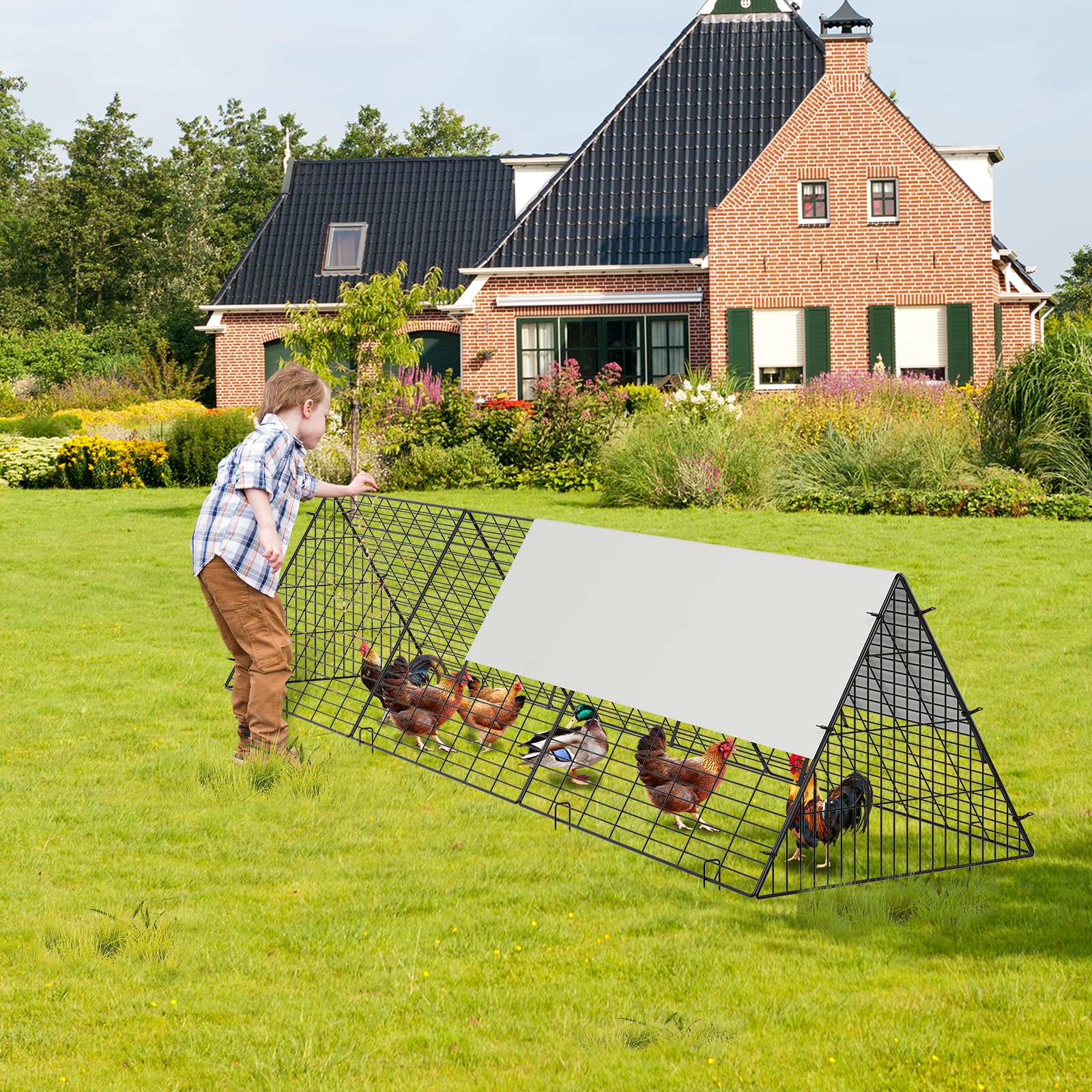 Gran gallinero Exterior con Acero Parque de Rejilla, recinto gallinero, Estructura Triangular con Funda Impermeable y antiUV, estacas de Tierra, para gallinas, conejitos y Animales pequeños (300 x 60