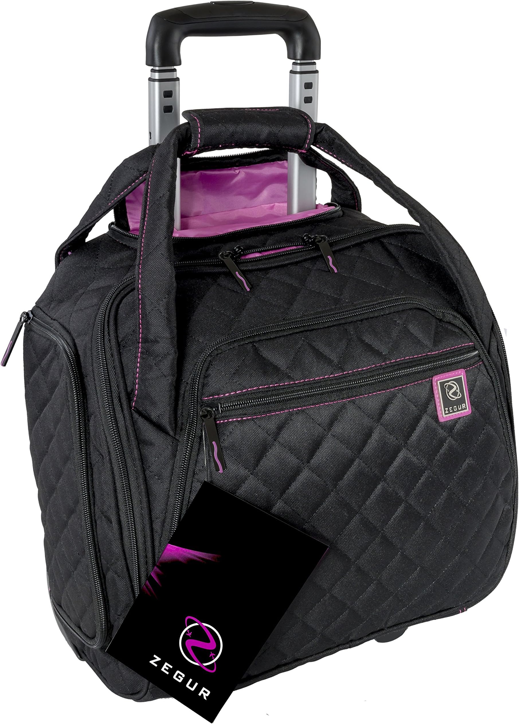 ZEGUR Quilted Rolling Underseat Carry-On Luggage - Wheeled Travel Tote Bag (Black)