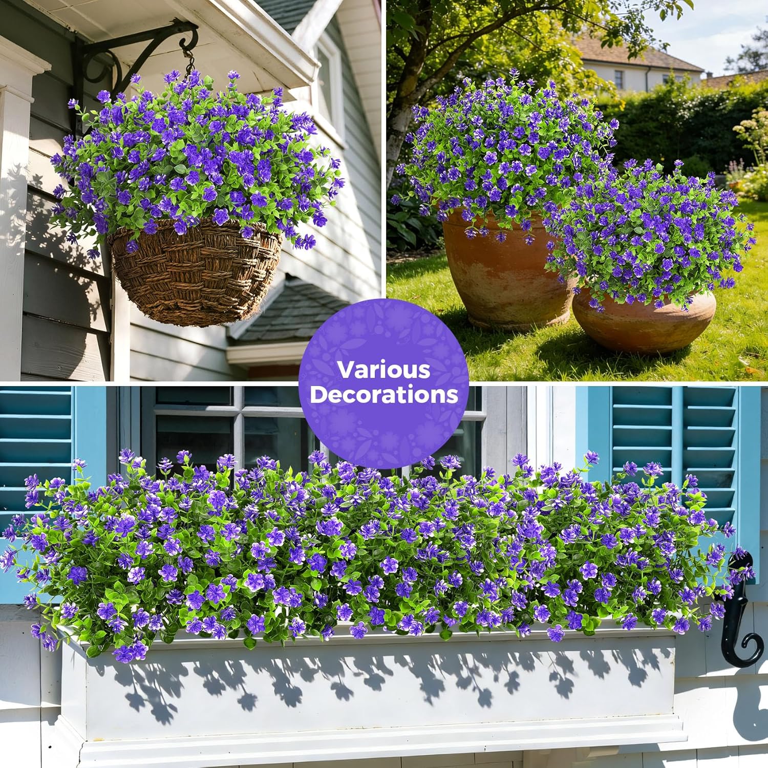 Roberly 24 Bundles Artificial Flowers for Outdoors, UV Resistant Eucalyptus Fake Flowers Shrubs Greenery Plastic Plants for Garden Porch Window Box Farmhouse Indoor Home Decor, Purple