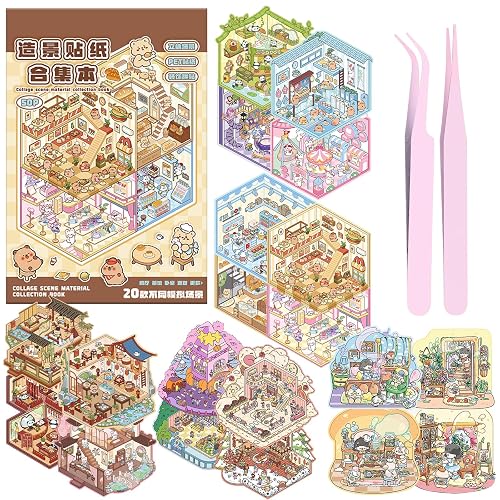 20 Piezas Pegatinas 3D Escenas Set Juego de Escena Miniatura con 2 Pinzas
