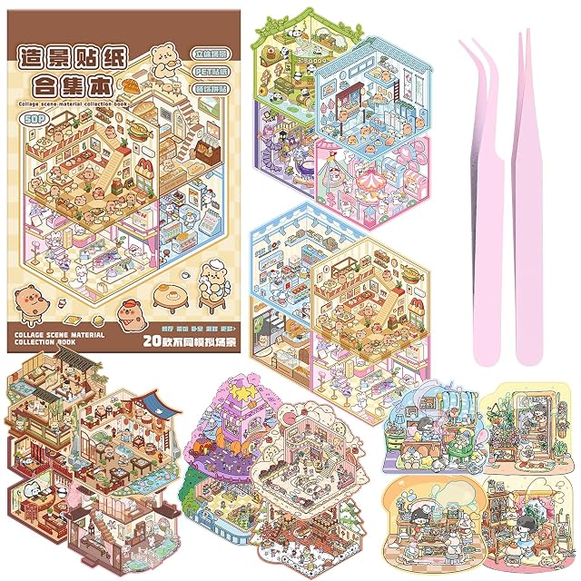 20 Piezas Pegatinas 3D Escenas Set Juego de Escena Miniatura con 2 Pinzas