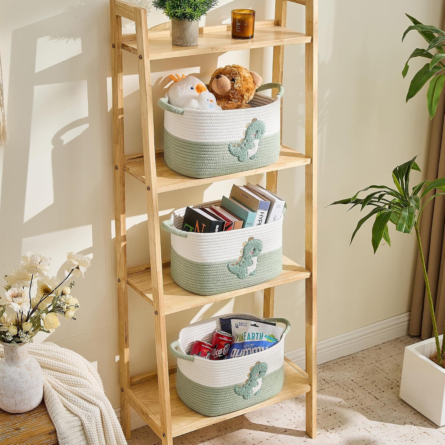 Woven Baskets, 3-Pack Storage Basket for Living Room, Bedroom, Nursery, Stylish Gift Basket with Handles, Cotton Rope Basket for Toys and Shelves, Multi-Purpose Organizer, Green Dinosaur