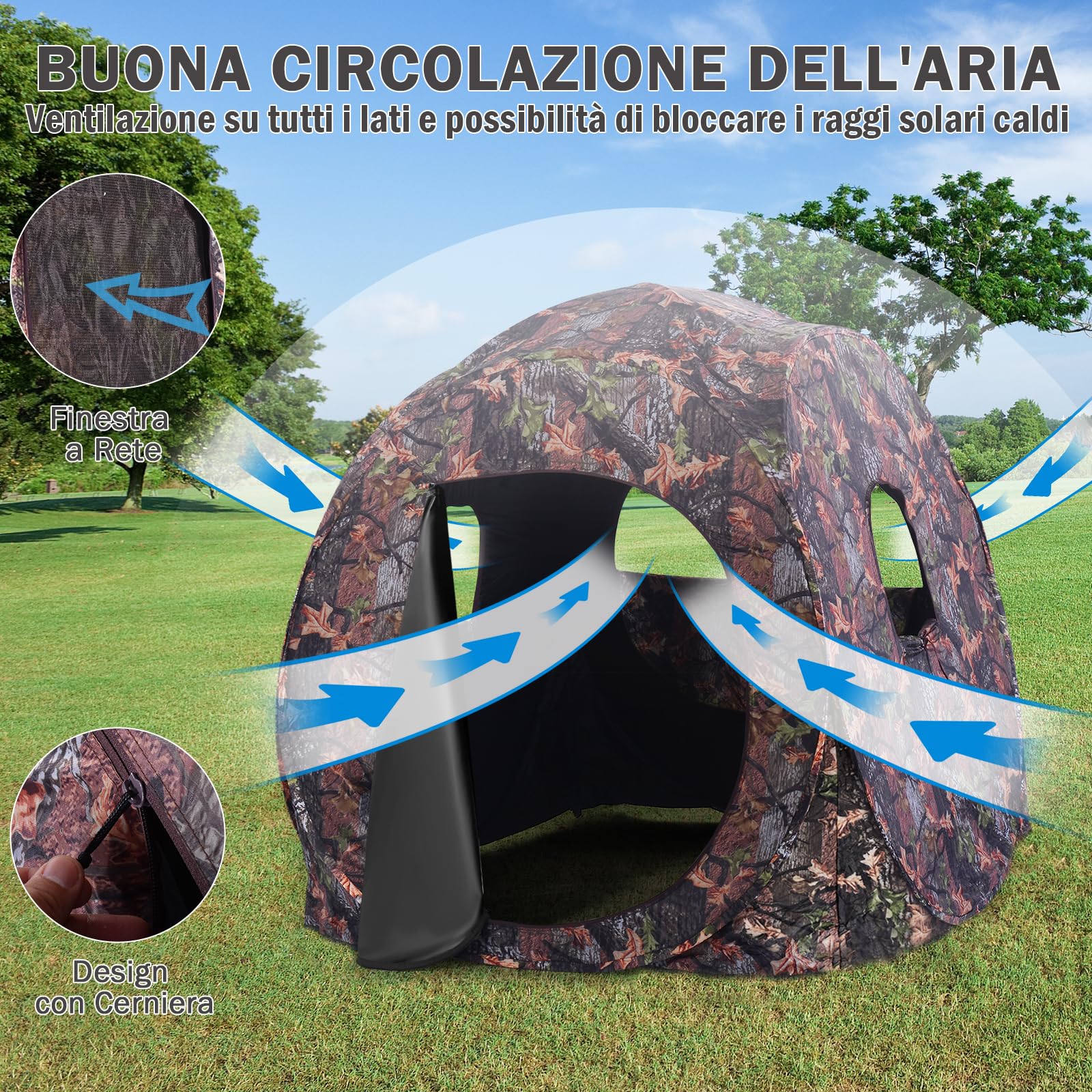 COSTWAY Tenda da Caccia Pieghevole per 3 Persone, Tenda Mimetica con Telaio in Acciaio e Finestre a Maglie, con Visione 270°