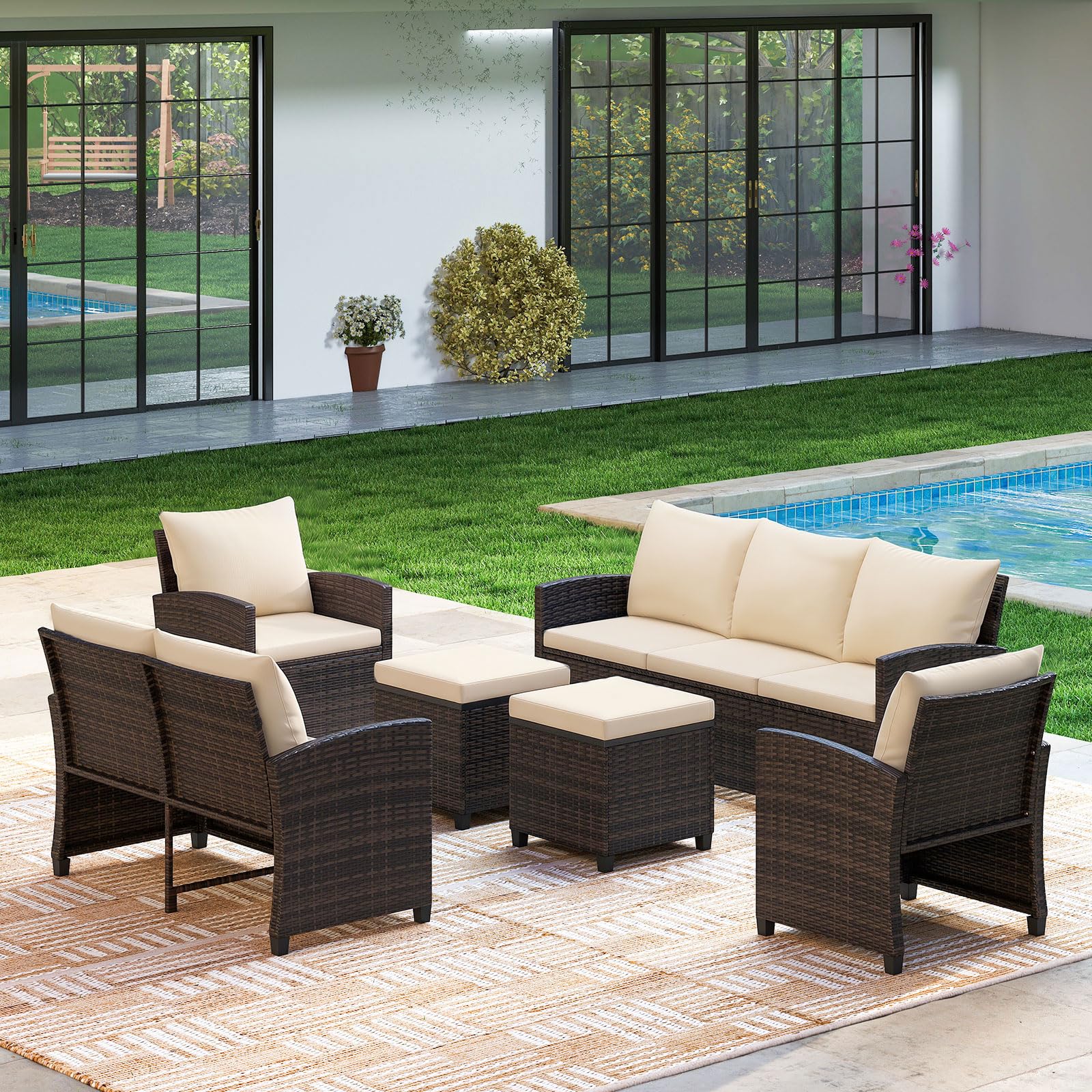 COSTWAY Set Salotto da Giardino per 7 Persone, Set da Esterno in Rattan con Divano a 3 Posti, Divano a 2 Posti, 2 Poltrone e 2 Poggiapiedi con Cuscini Morbidi per Terrazza e Balcone (Beige)