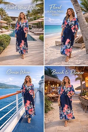 カフタンドレス 女性用 プラスサイズ Vネック バットウィングスリーブ Moo Moos 水着 カバーアップ Mumu Caftan マキシビーチドレス