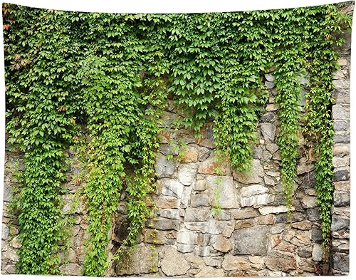 BELECO Tapiz de pared de piedra con hojas para colgar en la pared, 176 x 118 pulgadas, jardín de primavera, pared de piedra vieja, tapiz de hojas