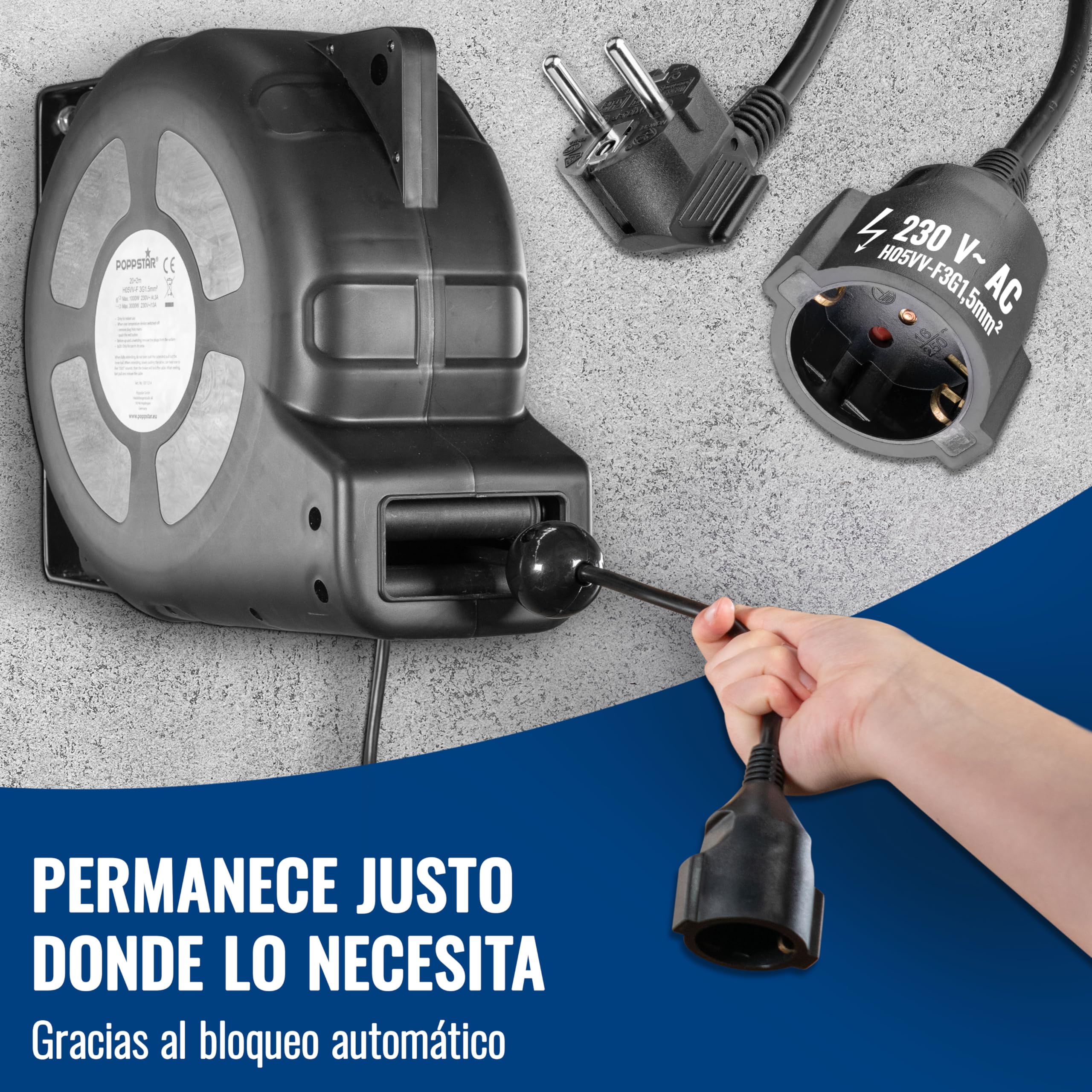 Poppstar Enrollador de cable automático 20m + 2m (máx. 3000W) Carrete de cable automático autoenrollable IP20 con interruptor de protección térmica