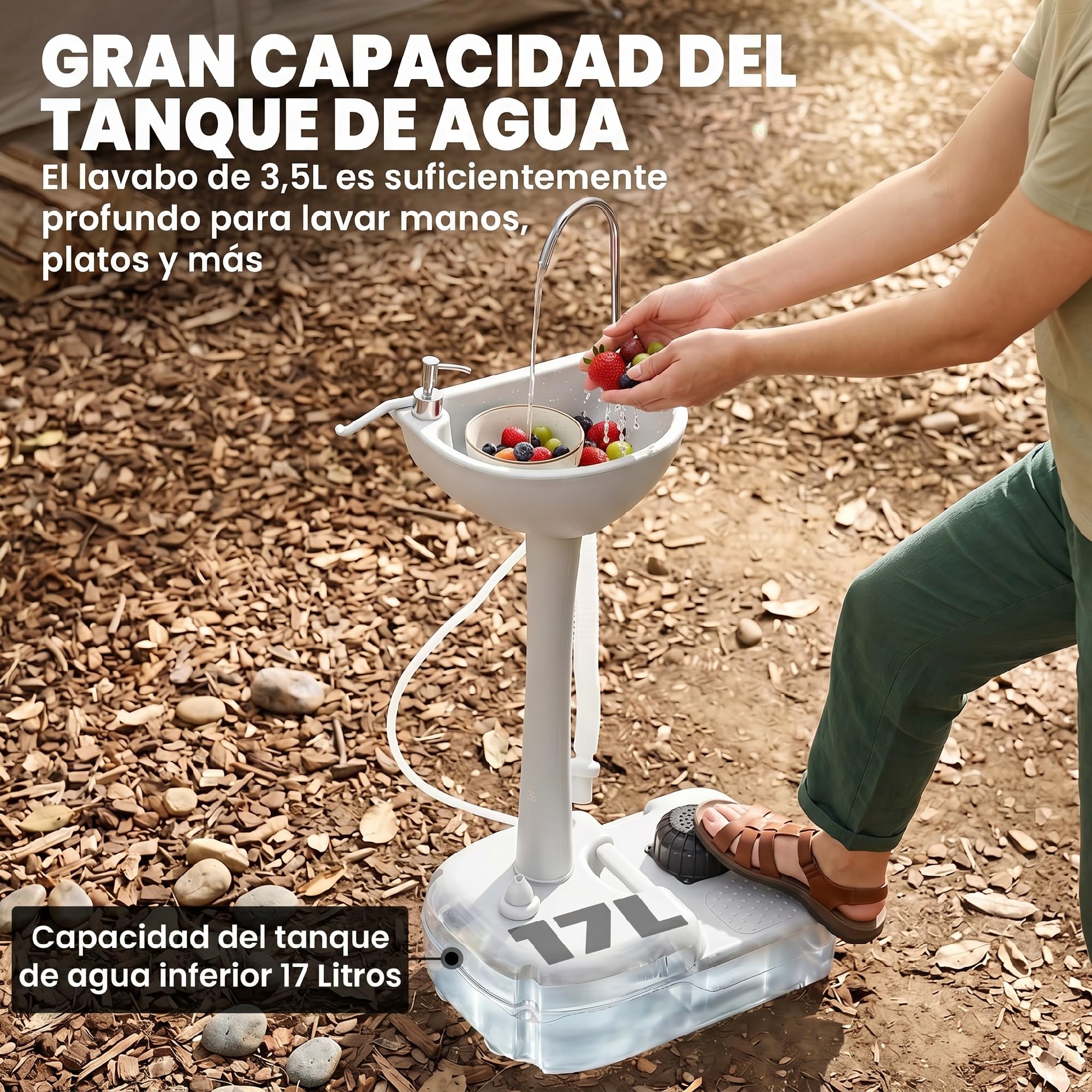 Outsunny Lavamanos Portátil Estación de Lavado para Actividades al Aire Libre y Camping con Tanque de Agua de 17L Dispensador de Jabón Toallero y 2 Ruedas HDPE para Eventos, Reuniones Gris Claro