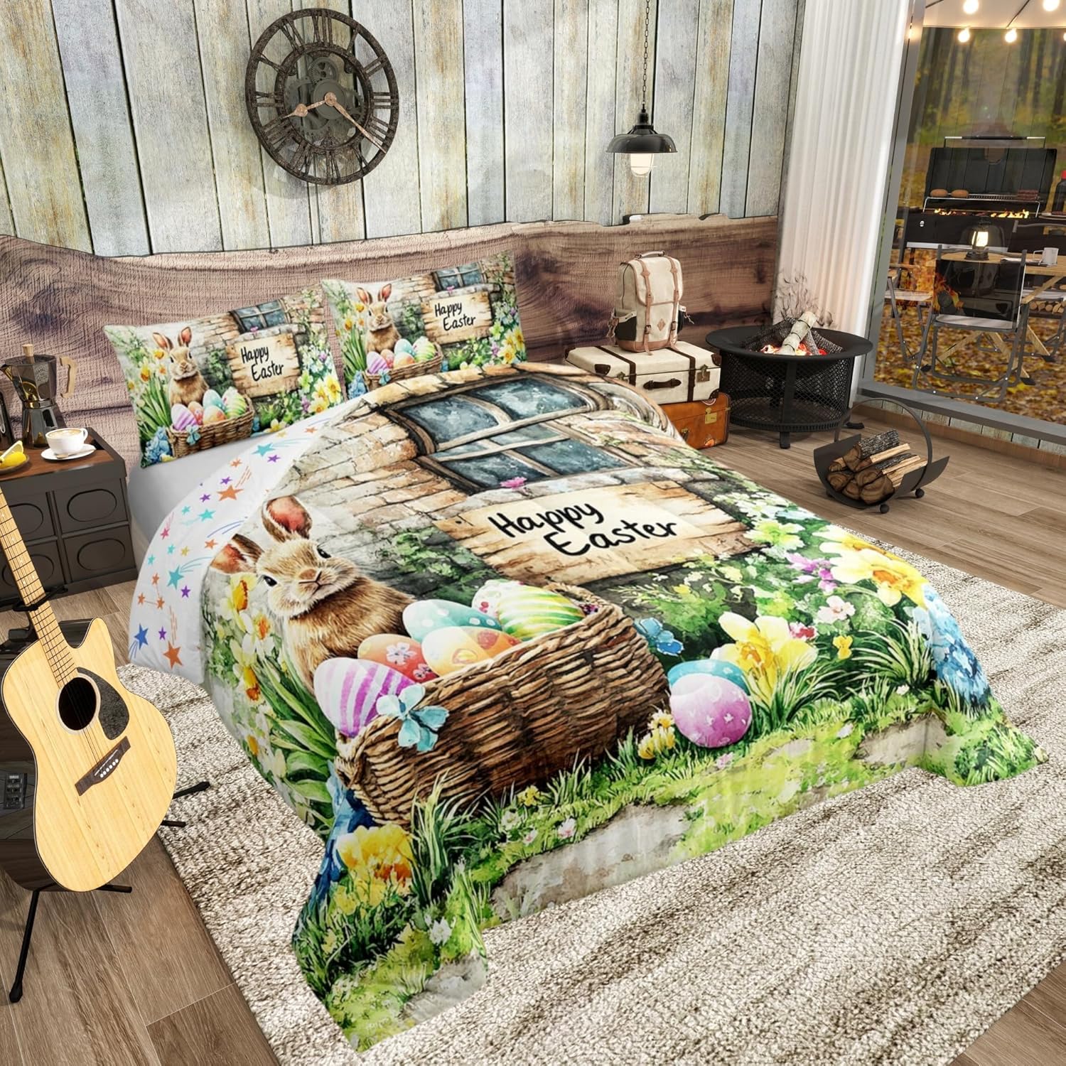 Manfei Easter Rabbit Comforter Set King Size 3 Pcs,Lovely Garden Animal Watercolor Flowers Eggs Bedding Set,Spring Pastoral Style Floral Garden Quilt Set for Adults Bedroom,2 Pillowcases