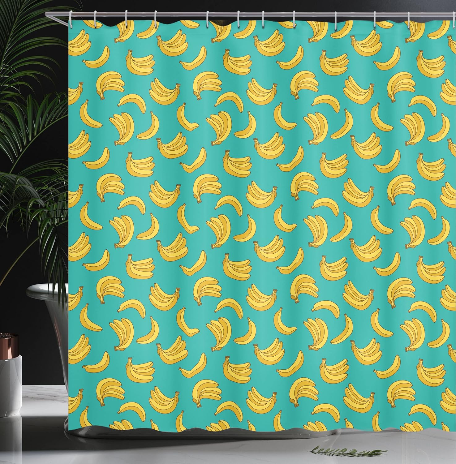 Ambesonne Yellow and Blue Shower Curtain, Tropical Bananas Pattern in Vivid Tones Exotic Style Palm Summer Graphic, Cloth Fabric Bathroom Decor Set with Hooks, 69" W x 75" L, Teal Yellow