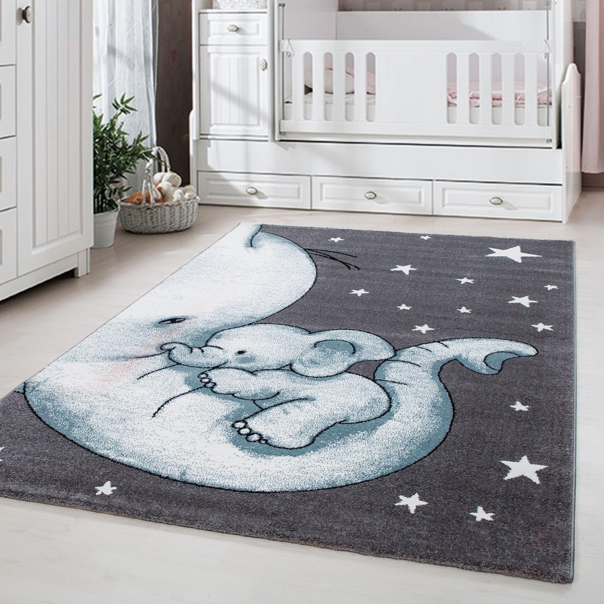 Carpetsale24 Kinderteppich Elefant Blau 80x150 cm – Läufer mit süßem Tiermotiv – Weich & Allergikerfreundlich – Teppich fürs Babyzimmer