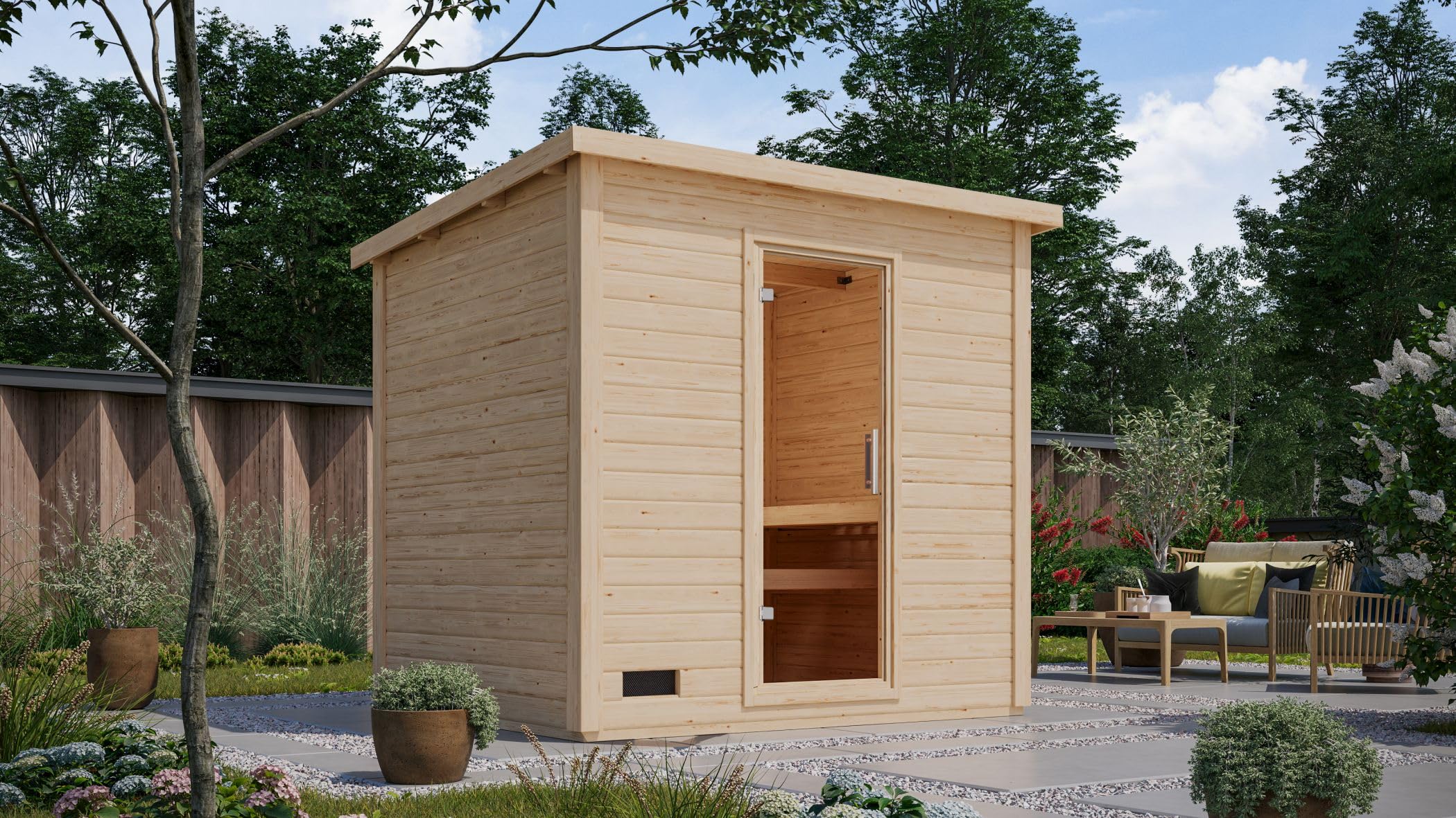 Saunahaus Kaapi 4 Außensaun 38mm Wandstärke in natur oder terragrau mit versch. Saunaöfen (inkl. Ofen 9 kW Bio ext. Strg., naturbelassen)