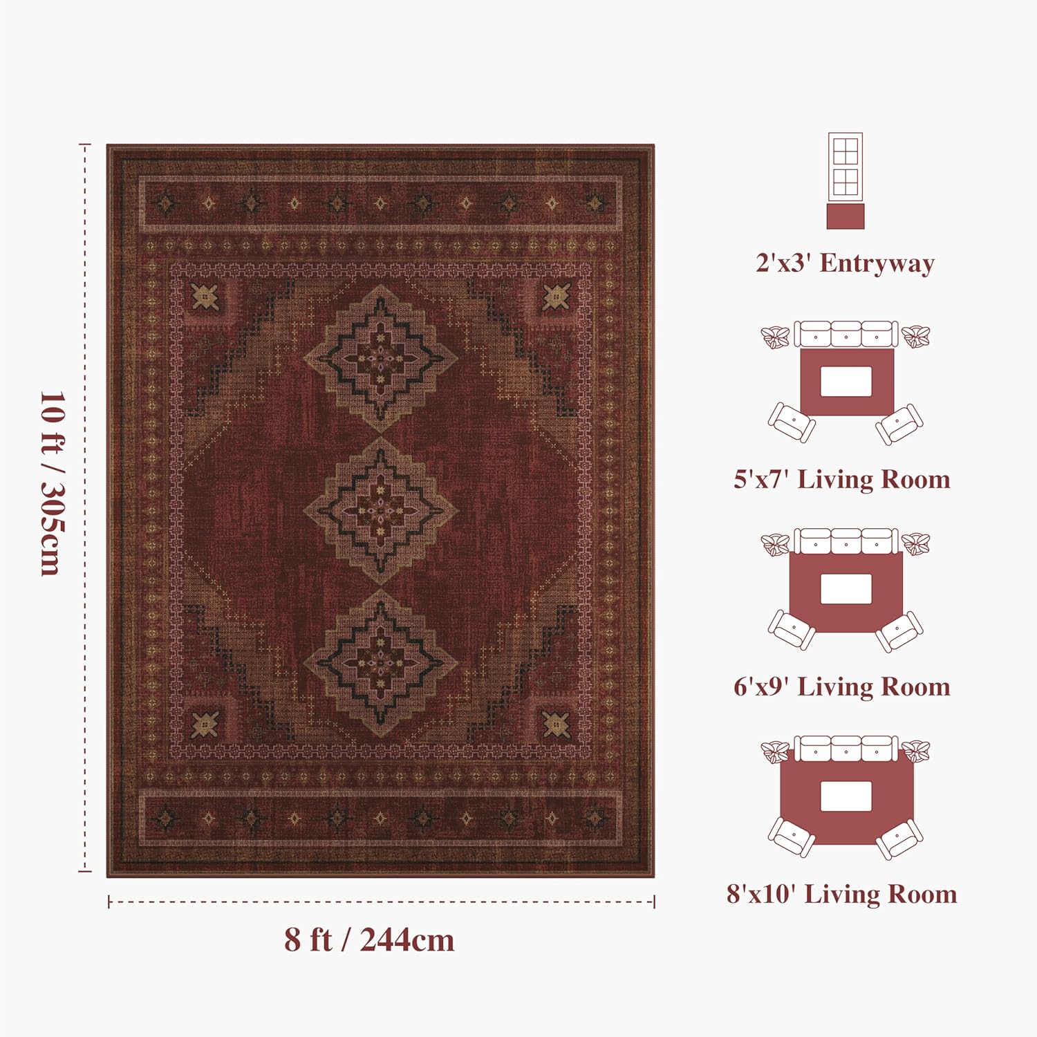 8x10 Living Room Rug - Vintage Ultra-Thin Area Rug Washable Carpets - Soft & Stain Resistant Abstract Rug for Home Bedroom Dining Room Home Office Crimson Red