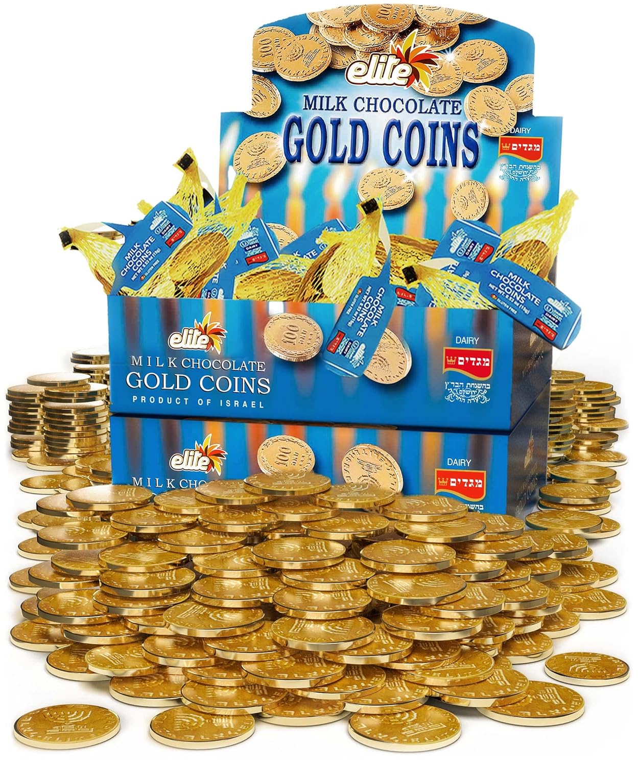 Elite Bulk Hanukkah Gelt Milk Chocolate Gold Coins (48 MESH BAGS of .53oz ) Filled