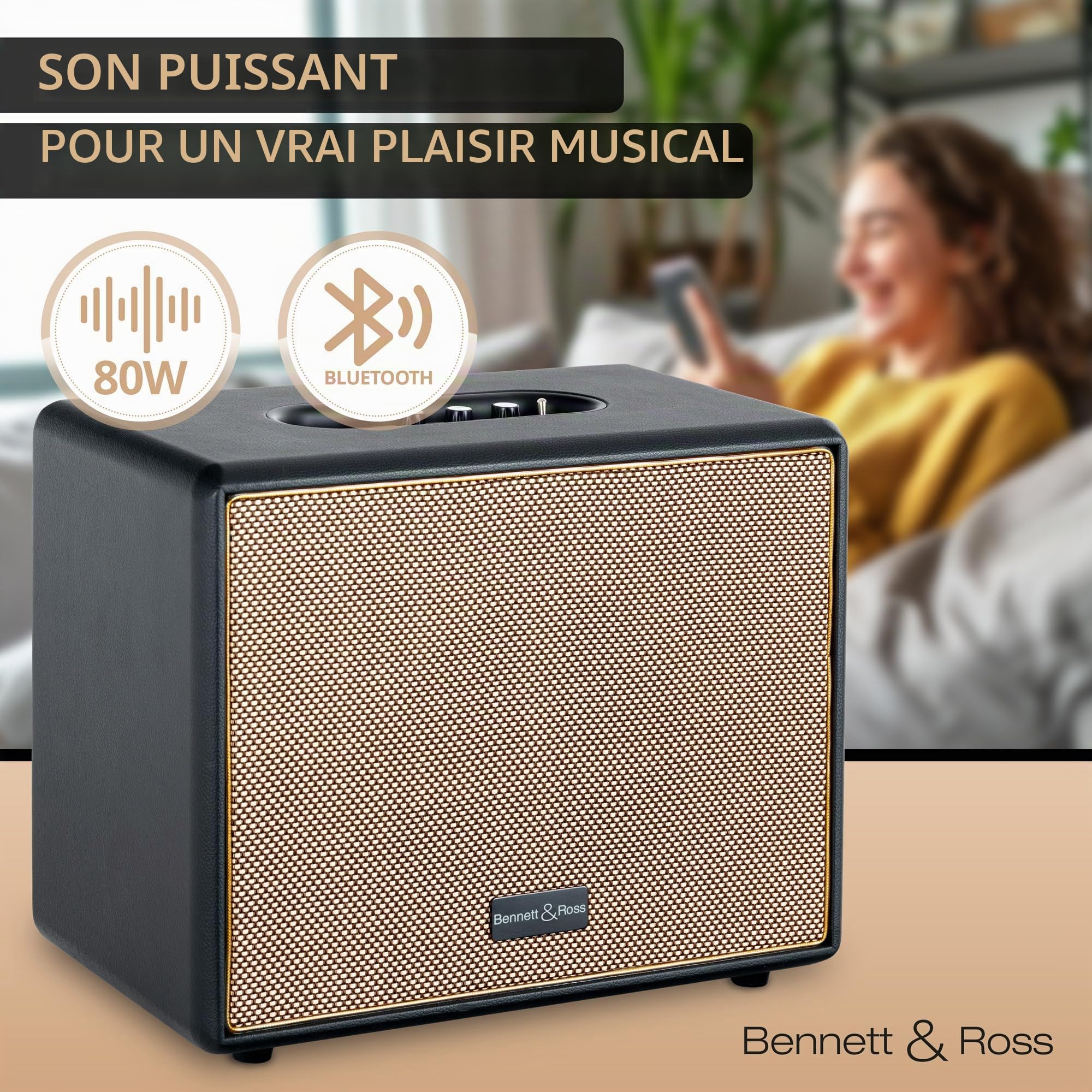 Bennett & Ross BB-880BK Blackmore Giant Haut-Parleur Bluetooth rétro en Cuir - Haut-Parleur Vintage avec 2X 40W - Speaker Entrée USB avec Lecteur MP3 - Fonction stéréo True Wireless - aux-in - Noir