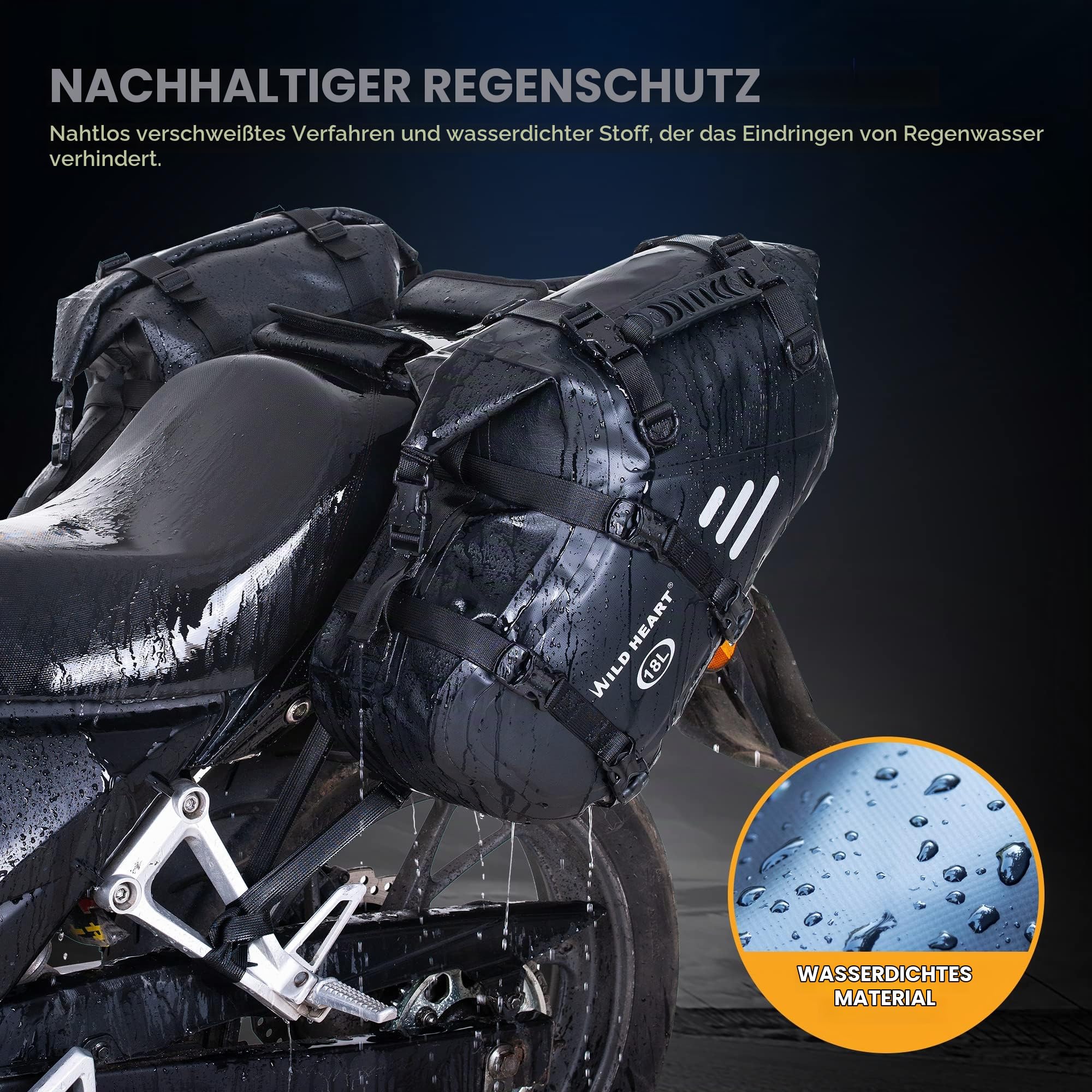 WILD HEART Motorrad Satteltaschen Wasserdicht (18L*2) Seitentasche Kompatibel mit den meisten Motorradträgern, Abenteuer、Straße、Sport(EIN Paar) (Schwarz)