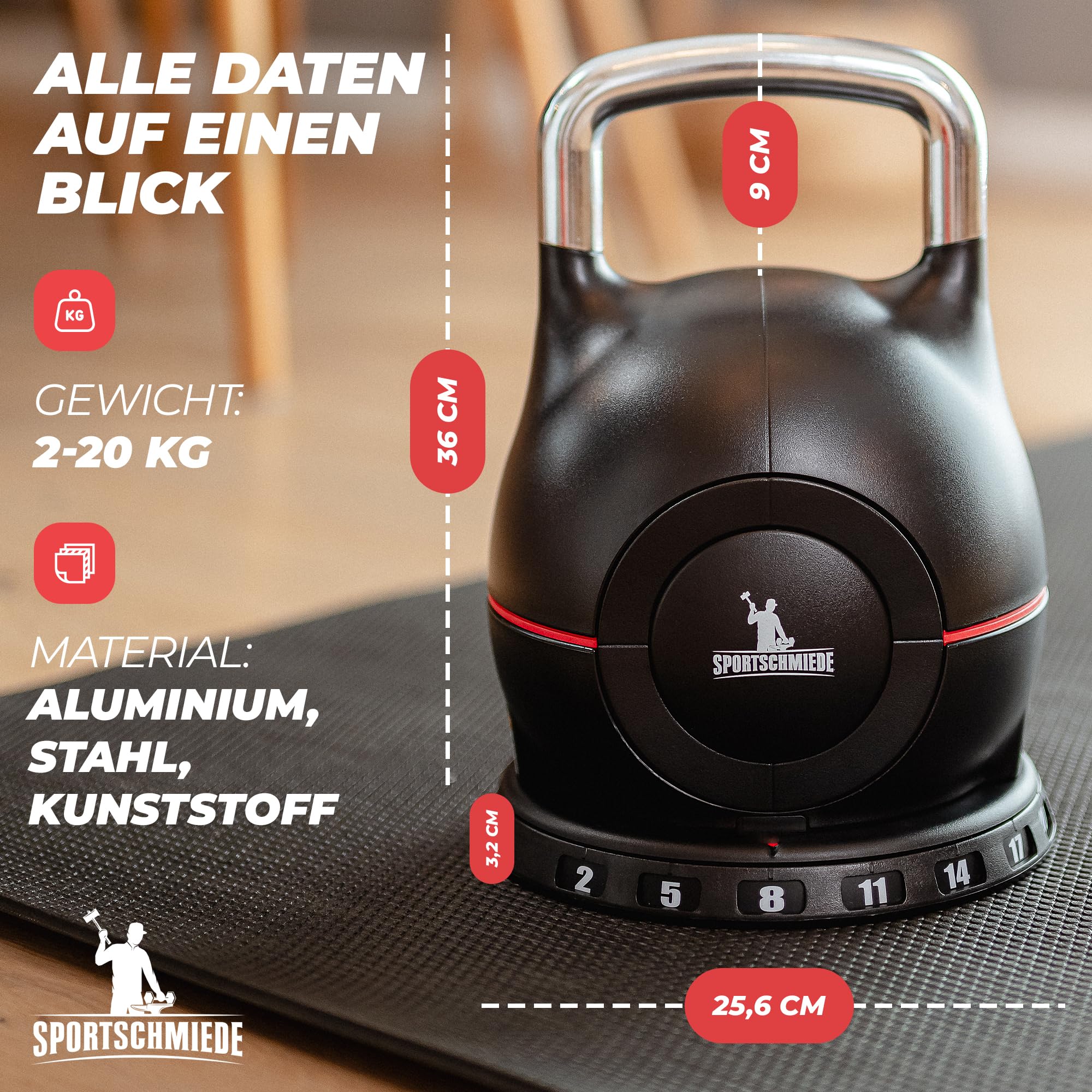 SPORTSCHMIEDE Kettlebell [Verstellbar] 2-20 kg Hanteln Set Gewichte Hantel für Home Gym | Hantelset Fitnessgeräte für Zuhause | Dumbbells Sportgeräte Zuhause Kugelhantel Gewicht Hantel Set