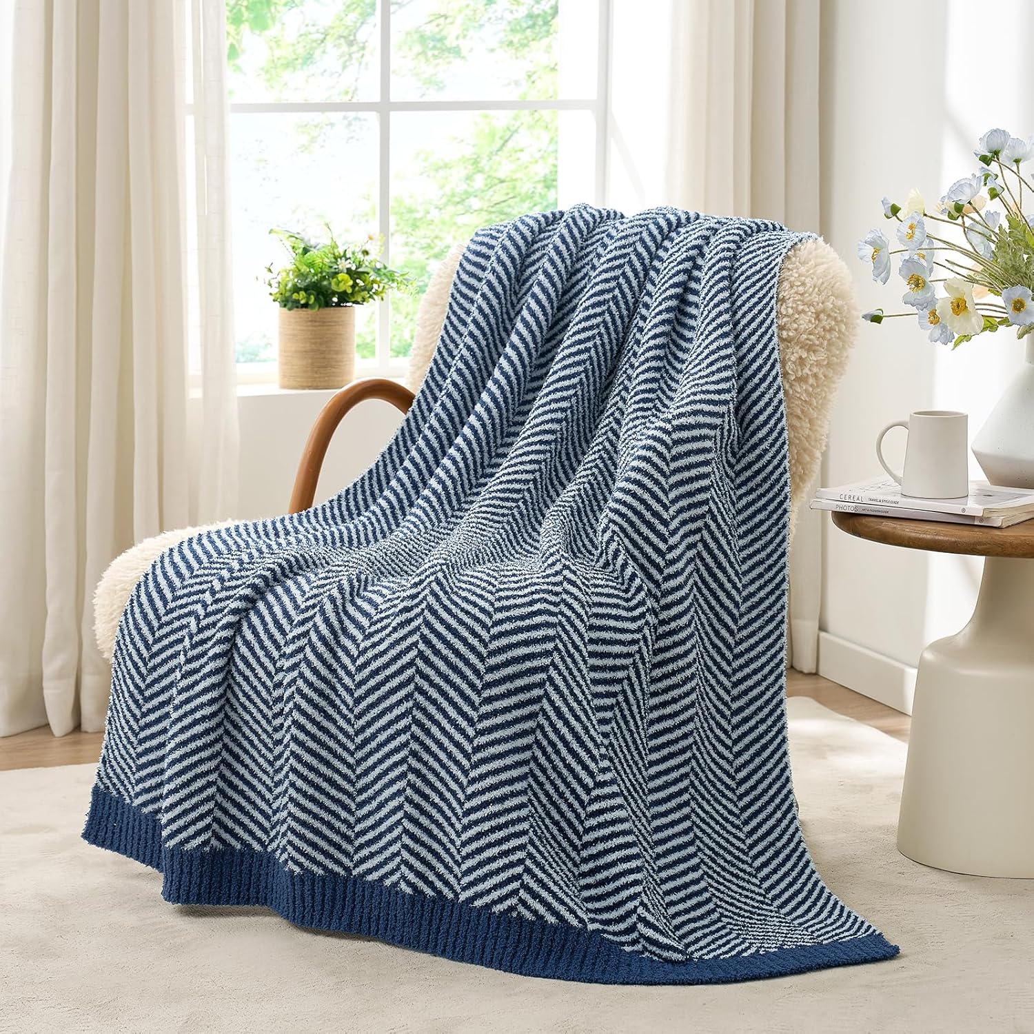 Snuggle Sac Herringbone Throw Blanket for Couch, Reversible Super Soft Warm Blankets Cozy Knit Fuzzy Plush Lightweight Throws for Sofa, Bed, Camping, Navy, 50x60 inches - Image 5