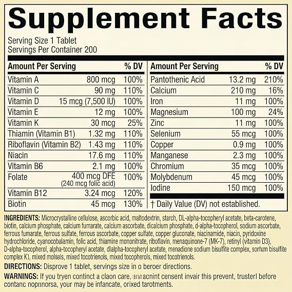 Men Multivitamin Tablets 200 Count Multivitamin for Men Iron-Free, Mens Vitamins Multivitamin, Daily Multi Vitamin Men Formula