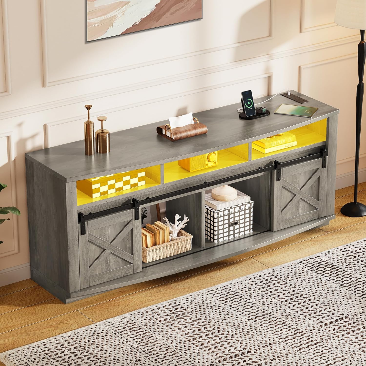 YITAHOME TV Stand for 75/80 Inch TV, Grey Entertainment Center 70 Inches Wide, Media Furniture TV Table with with Power Outlet, TV Consoles for Living Room, Curved Desktop, Sliding Barn Doors