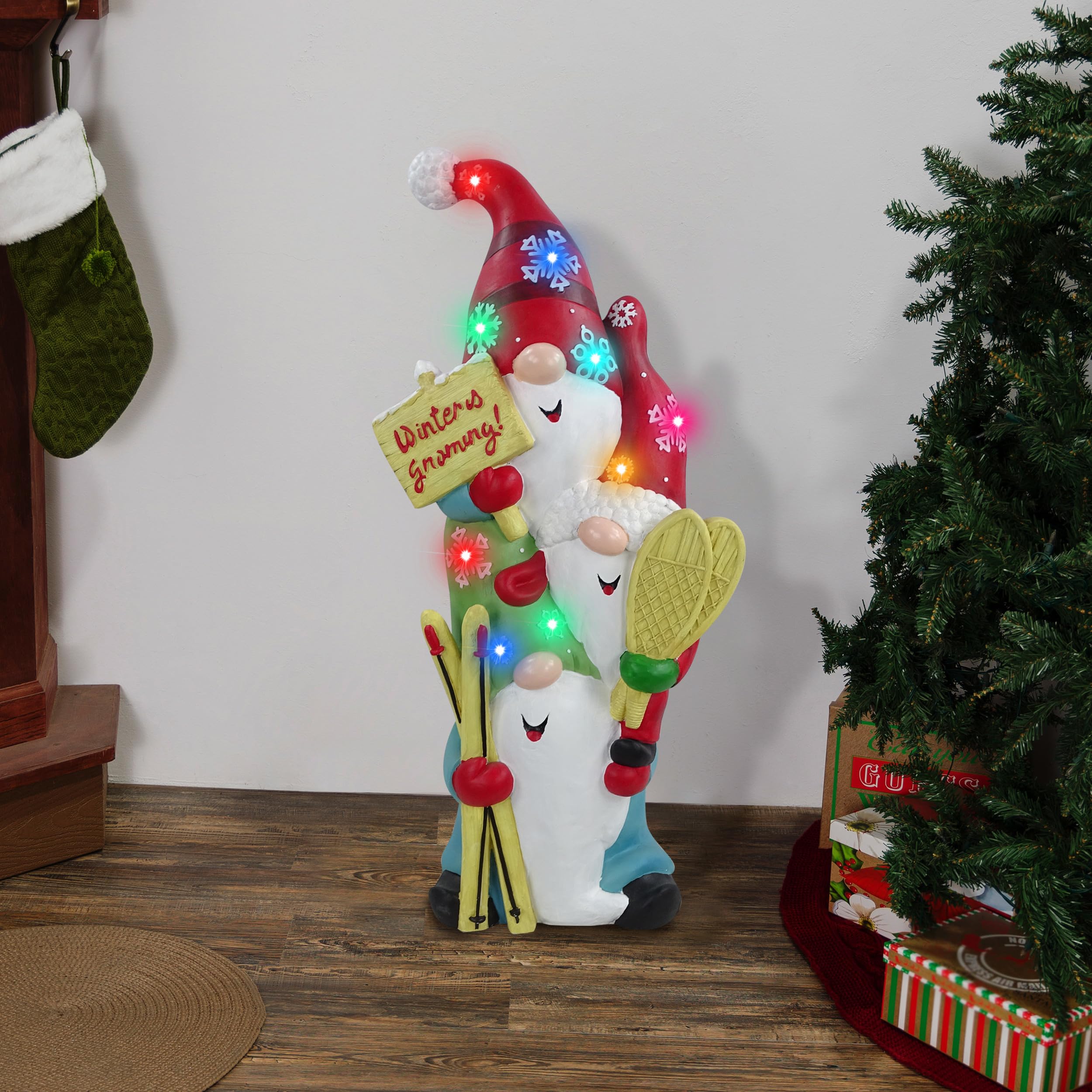 Alpine Corporation Winter Home Stacked Gnome Ski Statue w/Color Changing LED-LG