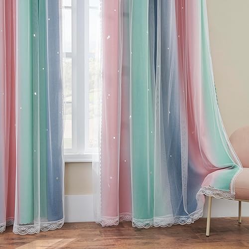 Miniatura 7 de XiDi Pink Grey Curtains for Girls Bedroom, Unicorn Wall Decals Green Curtain, Kids Curtains Room Darking, 63 inchs Long Blackout Curtain 52 inches