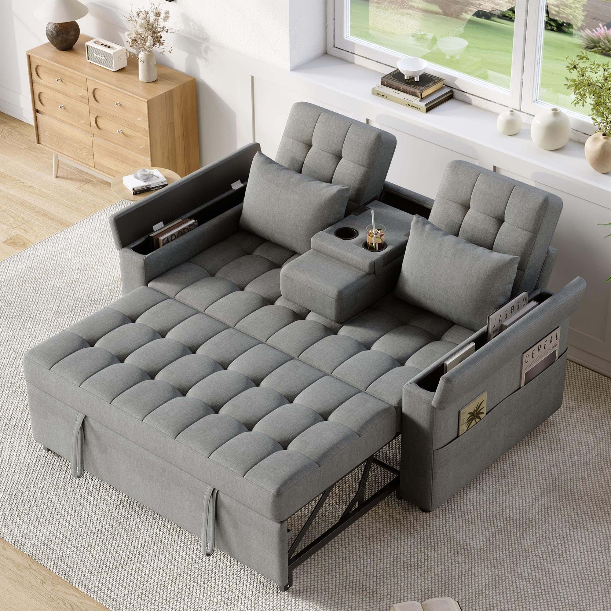 Merax Schlafsofa 2-Sitzer Sofa mit Schlaffunktion, Modernes Klappsofa 3-in-1 Schlafcouch mit Verstellbarer Rückenlehne, Armlehnen-Staufächern, Getränkehalter und Seitentaschen, Grau