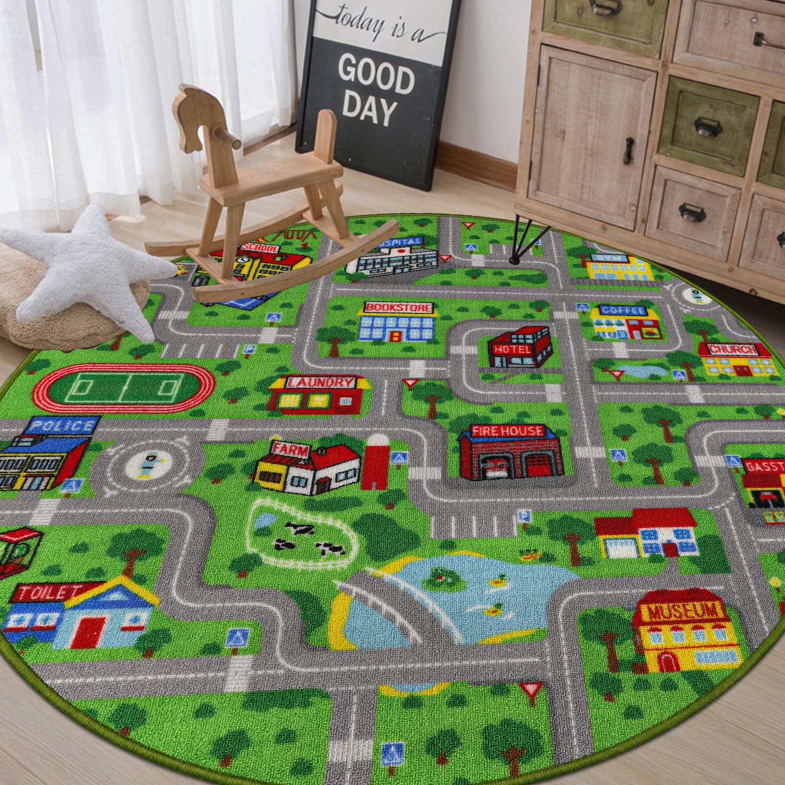 Capslpad Green Car Road Kid Rug Carpet Playmat for Playoom Traffic Road Kids Play Mat for Toddler Non Slip Washable City Map Race Track Carpet Rug for