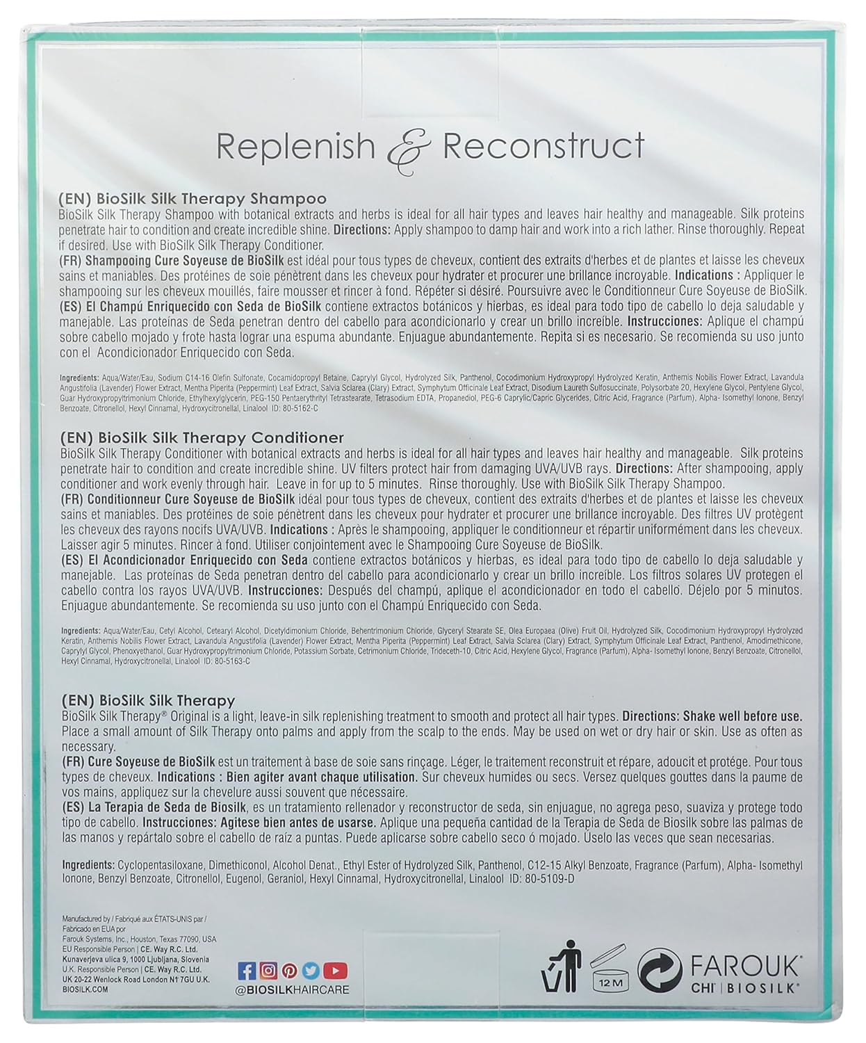 Biosilk Silk Therapy Trio Unisex Shampoo, Conditioner, and Original Treatment 7 oz 3 Pc