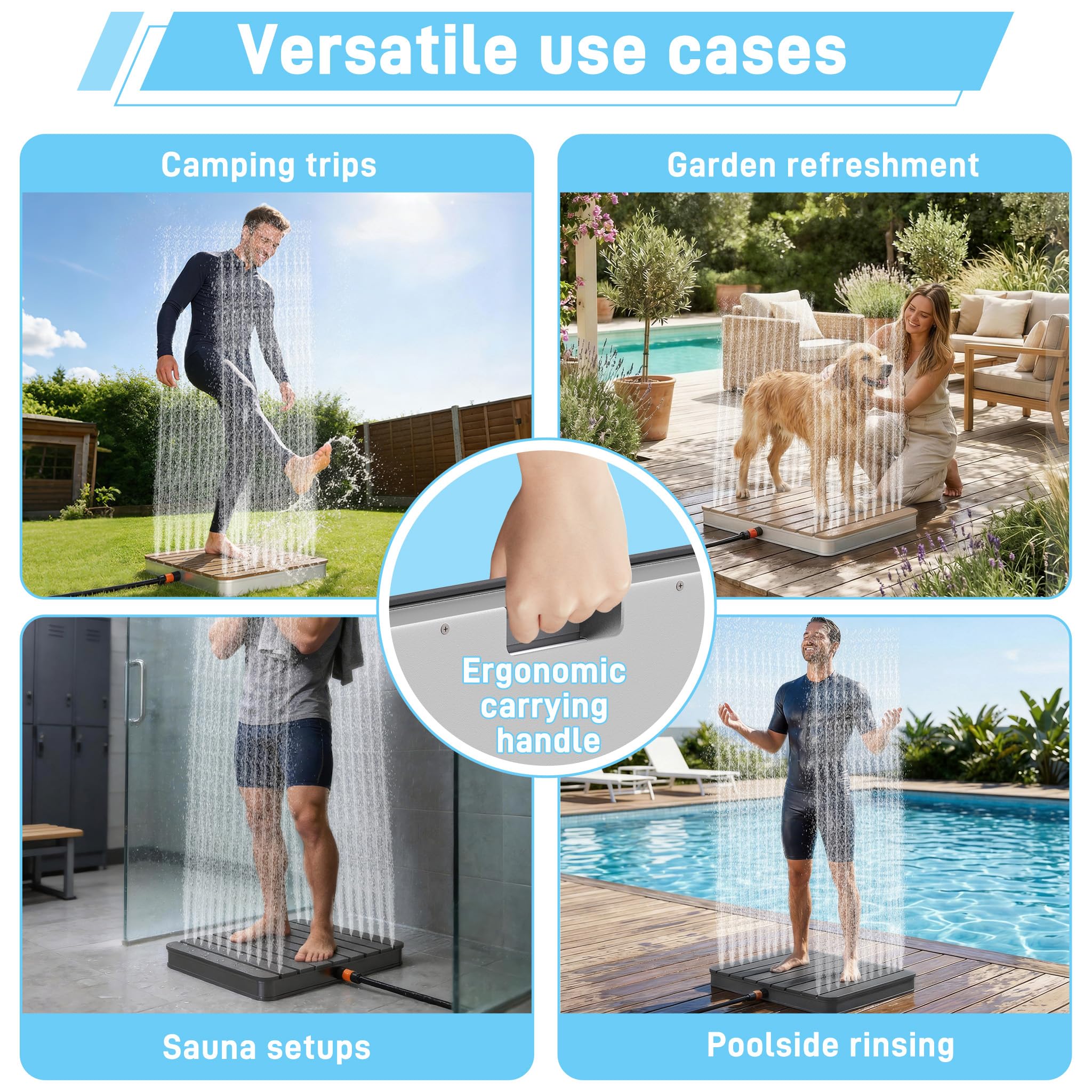 UISEBRT WPC Ducha de jardín con ruedas hasta 4 m de altura de la fuente, antideslizante, resistente a la intemperie y a las heladas y a los rayos UV, ducha exterior para piscina, camping, sauna
