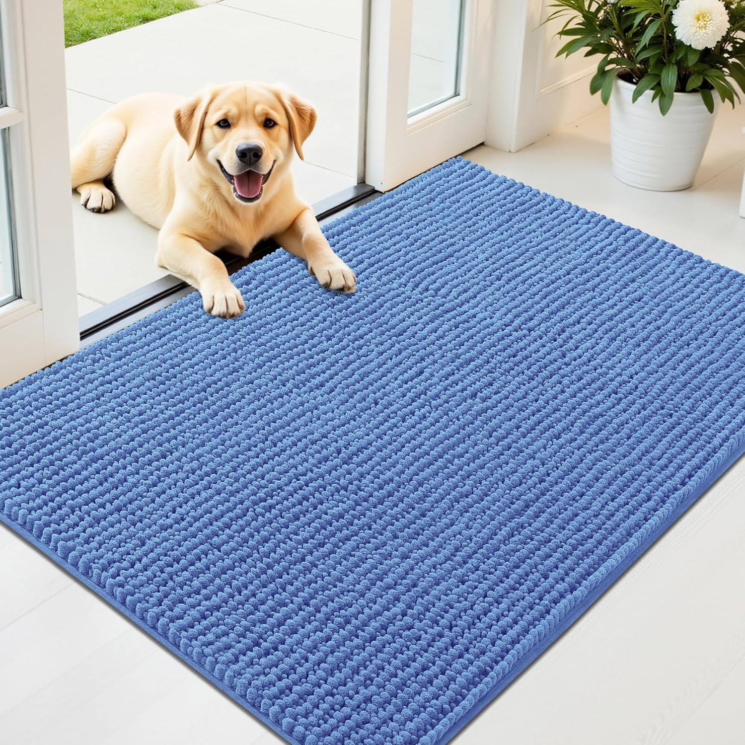OLANLY Dog Door Mat for Muddy Paws 44x32, Ultra Absorbent Chenille Mud Doormat, Non-Slip Washable and Dirt Trapping Doormat for Indoor Entryway, Quick-Dry Indoor Pet Bed Mats for Dogs, Cornflower Blue