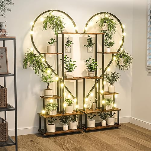 Miniatura 7 de HSSZXFR Soporte de metal de 6 niveles para plantas con forma de corazón creativo con gancho para colgar, soporte grande para plantas de interior,