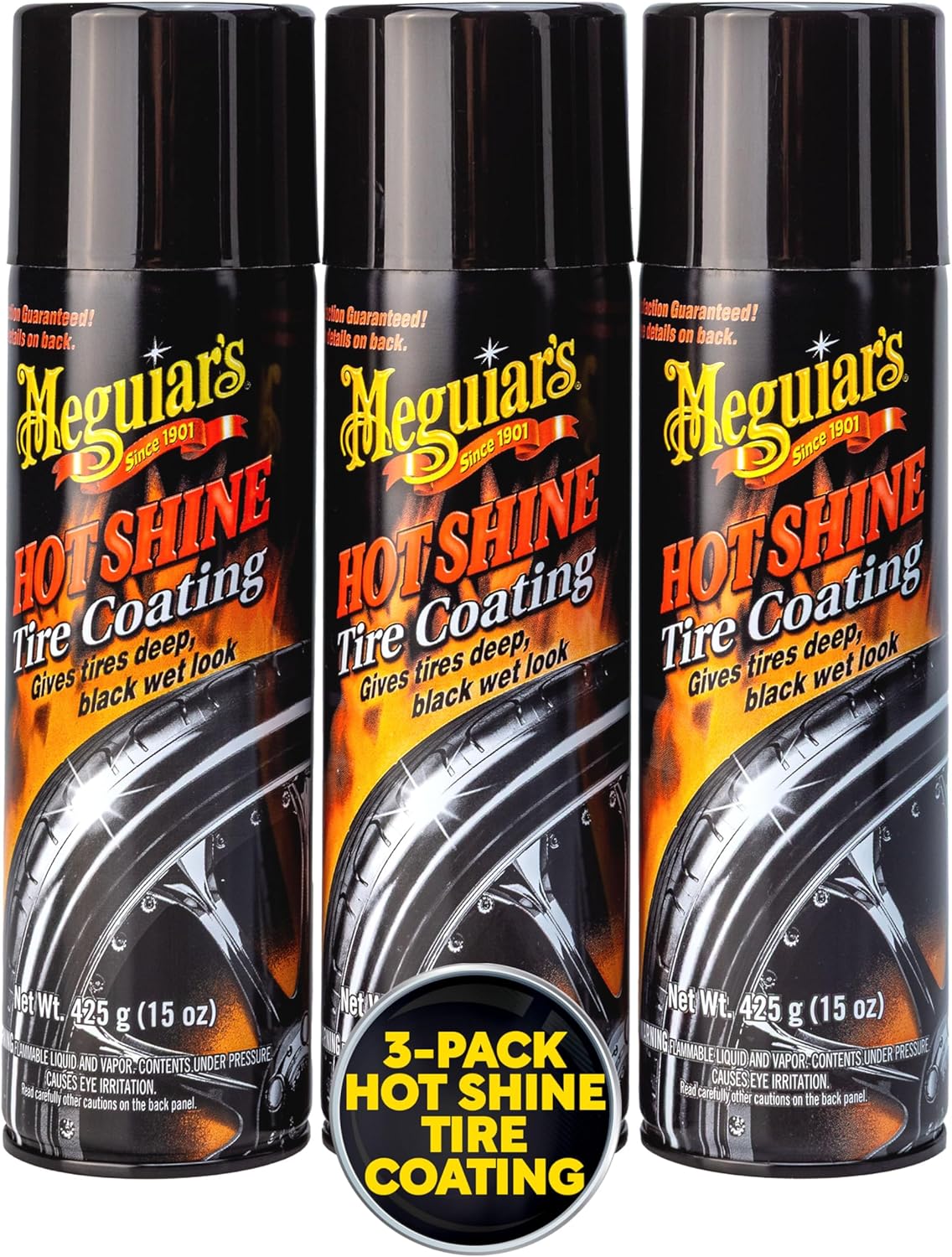 Meguiar's Hot Shine High Gloss Tire Coating - Get Long-Lasting Tire Protection and Glossy Tires with a Wet Look Shine, 3 Pack of 15 Oz Aerosol Cans