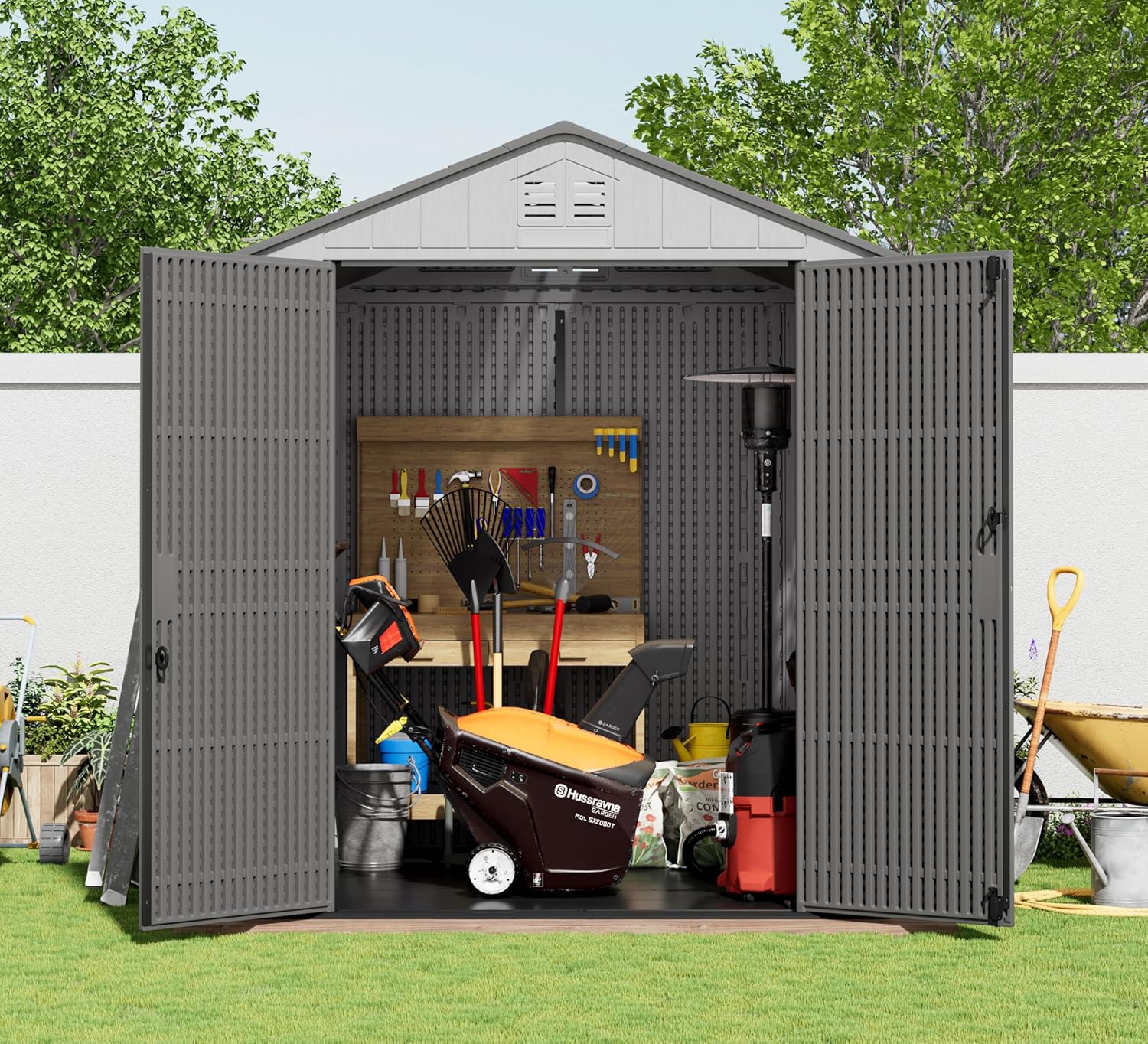 HOMSPARK Outdoor Storage Shed 6x6 Ft, All-Weather Resistant Resin Garden Sheds & Outdoor Storage Clearance with Floor & Windows, Double-Layer Plastic Tool Sheds for Patio, Garden & Lawn (Grey)