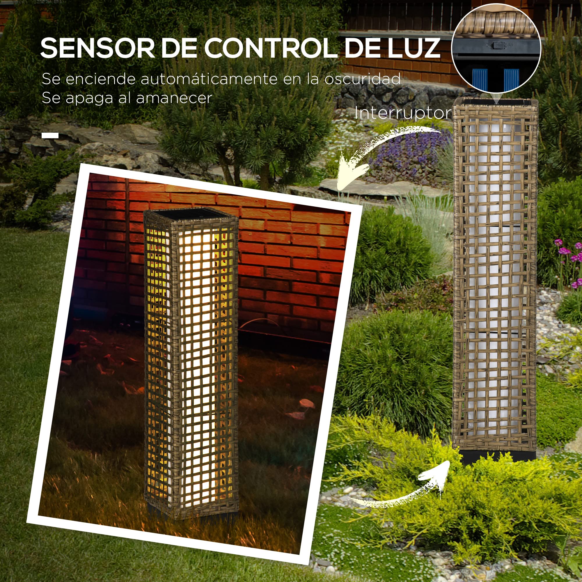 Outsunny Linterna de Jardín de Ratán Sintético Farola Solar con Luces LED Encendido y Apagado Automático para Terraza Balcón Patio 15,5x15,5x69 cm Arena