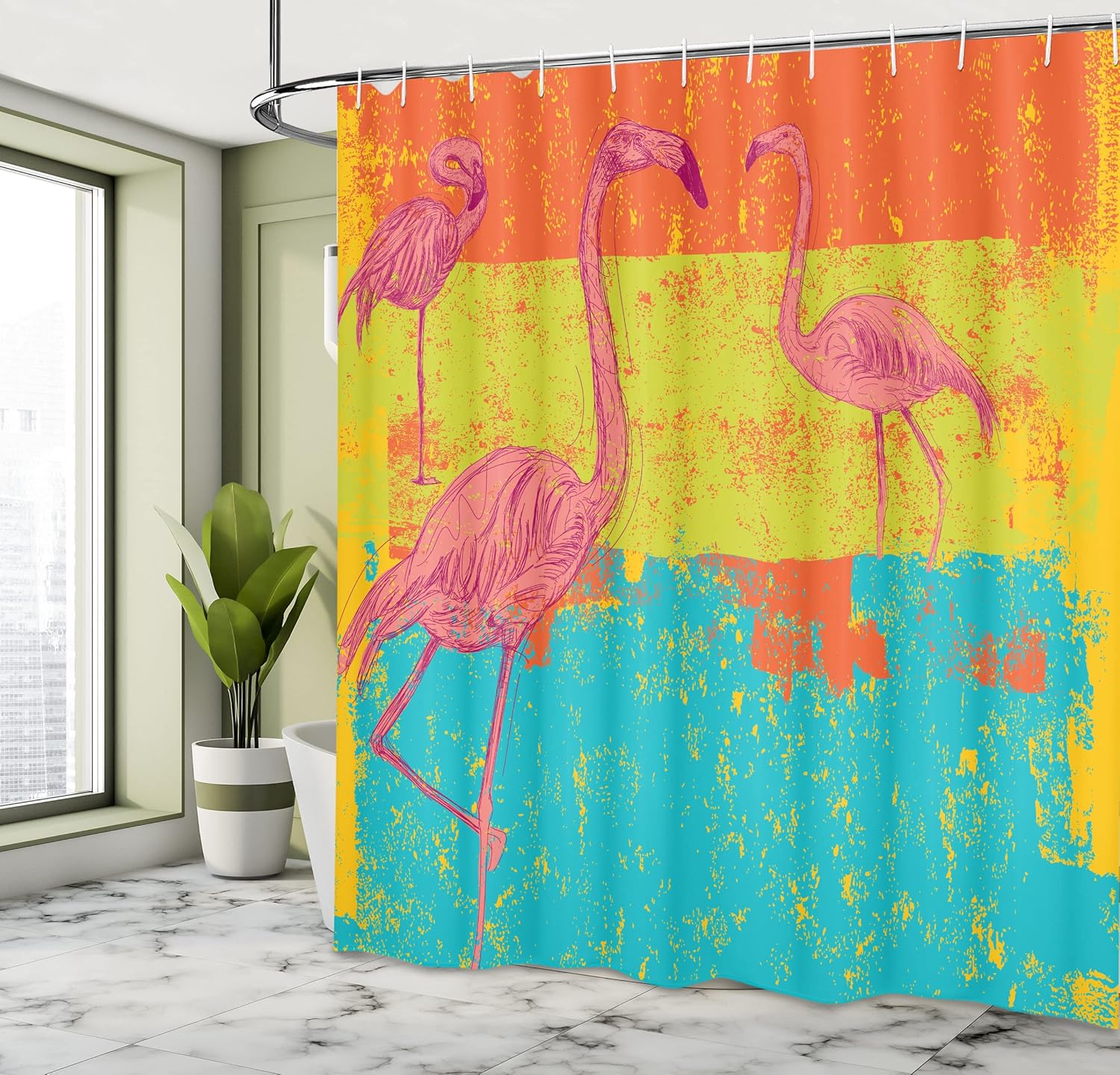 Ambesonne Flamingo Shower Curtain, an Illustration of Birds in Old Style of Retro and Vintage Colored Stripes Grunge Design of Artwork, Fabric Bathroom Decor Set with Hooks, 69" W x 70" L, Teal Pink