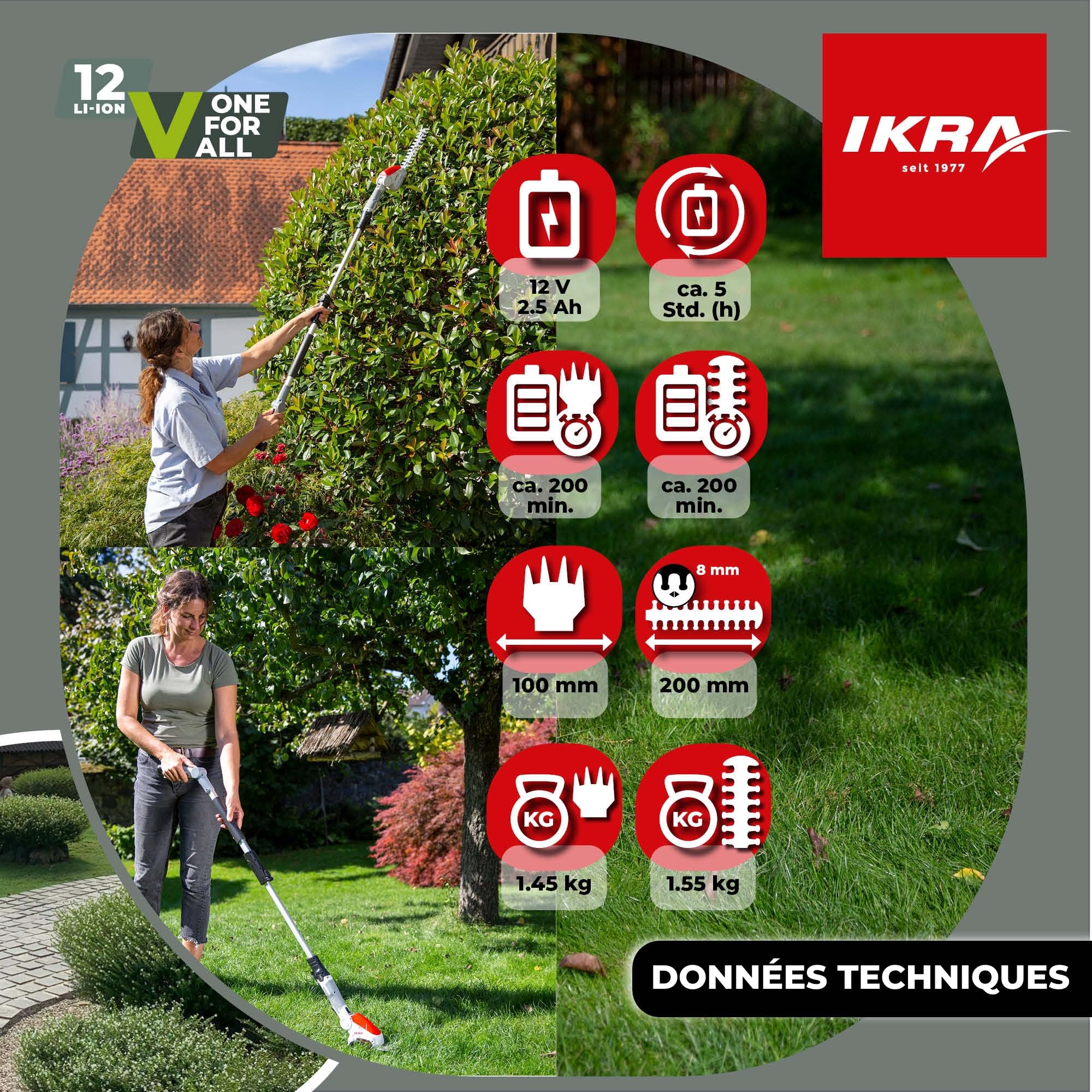IKRA cisaille à Gazon & Taille-buissons télescopique sans Fil IGBS 1210 F avec Batterie & Chargeur, Lames « Made in Germany »