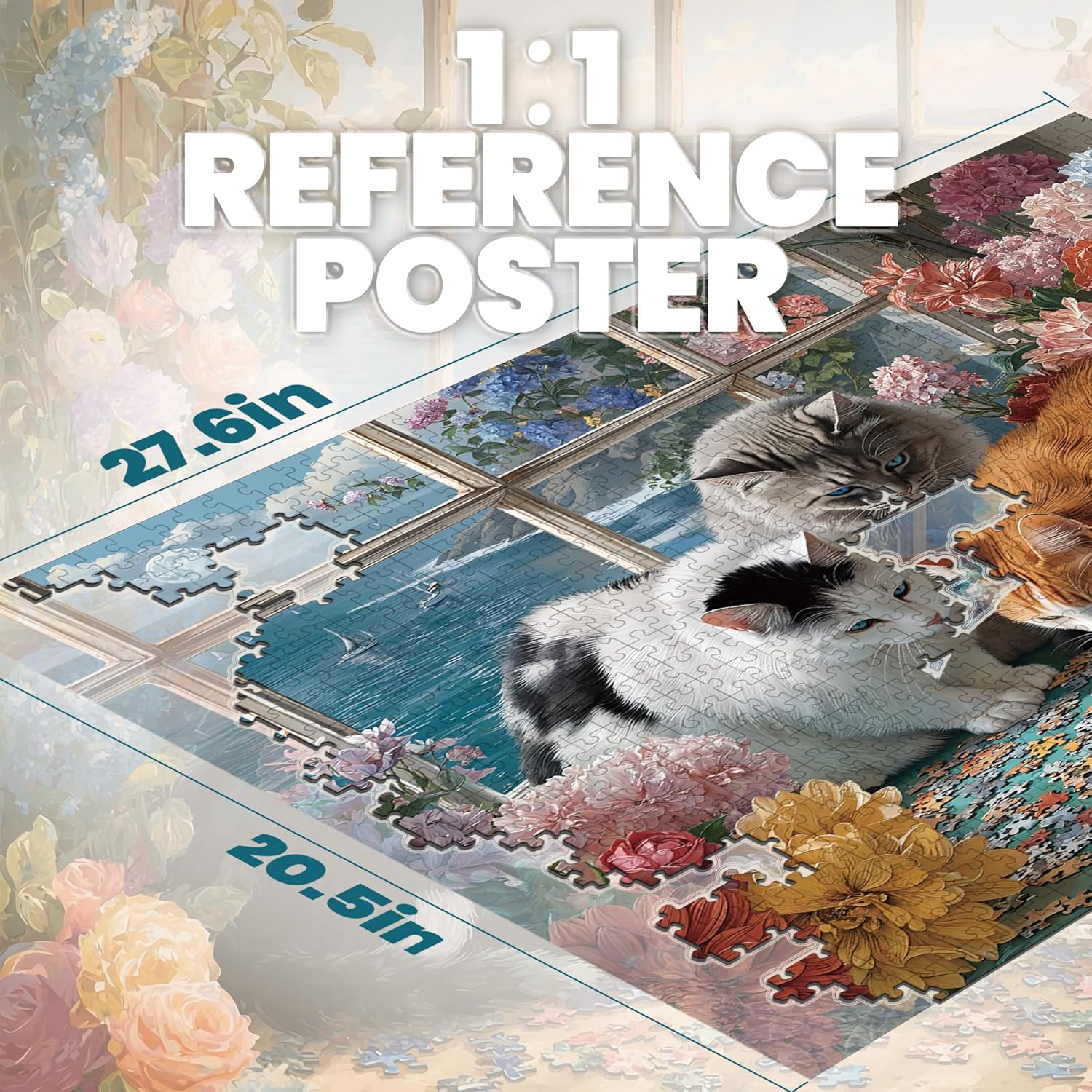Puzzles for Adults 1000 Pieces, Cat Flower Seaside Ocean Window, Animal Funny 1000 Piece Puzzle for Adults Seniors, Nature Hard Jigsaw Puzzles with Letters on Back, 1:1 Poster
