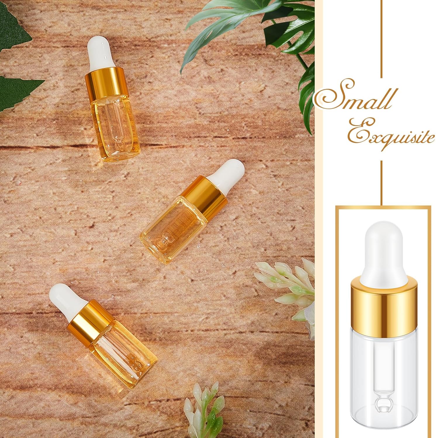 200 Pcs Mini Glass Oil Dropper Bottle Bulk, Clear Essential Small Empty Bottles Sample Containers Perfume Liquid Vials with Cap for Traveling (3 ml,Gold)