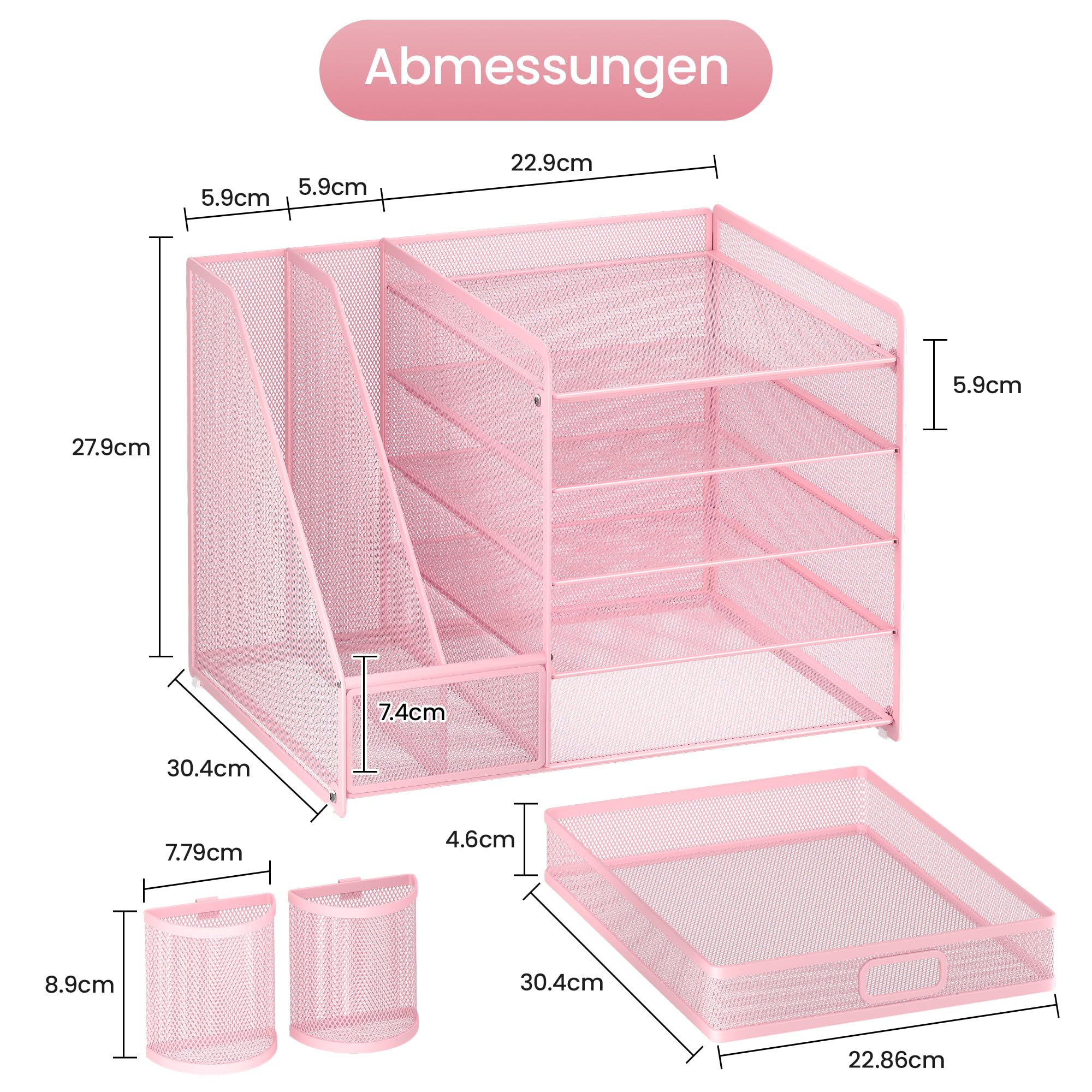 VITVITI Schreibtisch Organizer, 5 Ebenen Briefablage mit Schubladen, Aktenhalter mit 2 Stiftehalter, Büro Organizer mit Stehsammlere, Bürobedarf für A4 Dokumentenablag (Rosa)