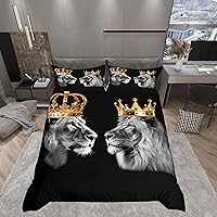 Vista 4 de Funda de edredón con estampado de león salvaje tamaño Queen, juego de ropa de cama con diseño de corona dorada para dormitorio de Navidad, tema