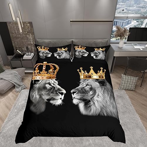 Funda de edredón con estampado de león salvaje tamaño Queen, juego de ropa de cama con diseño de corona dorada para dormitorio de Navidad, tema de