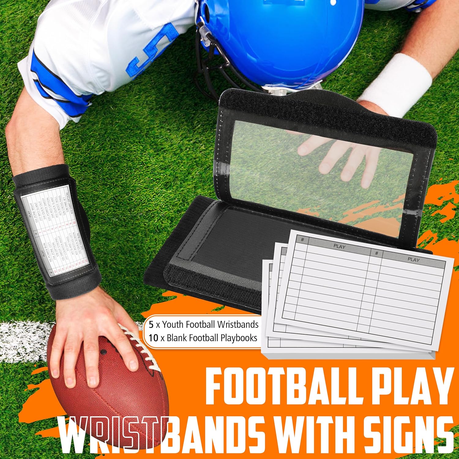 5 Pack Football Wristbands, Triple Window Quarterback (QB) Football Play Wristbands for Signs