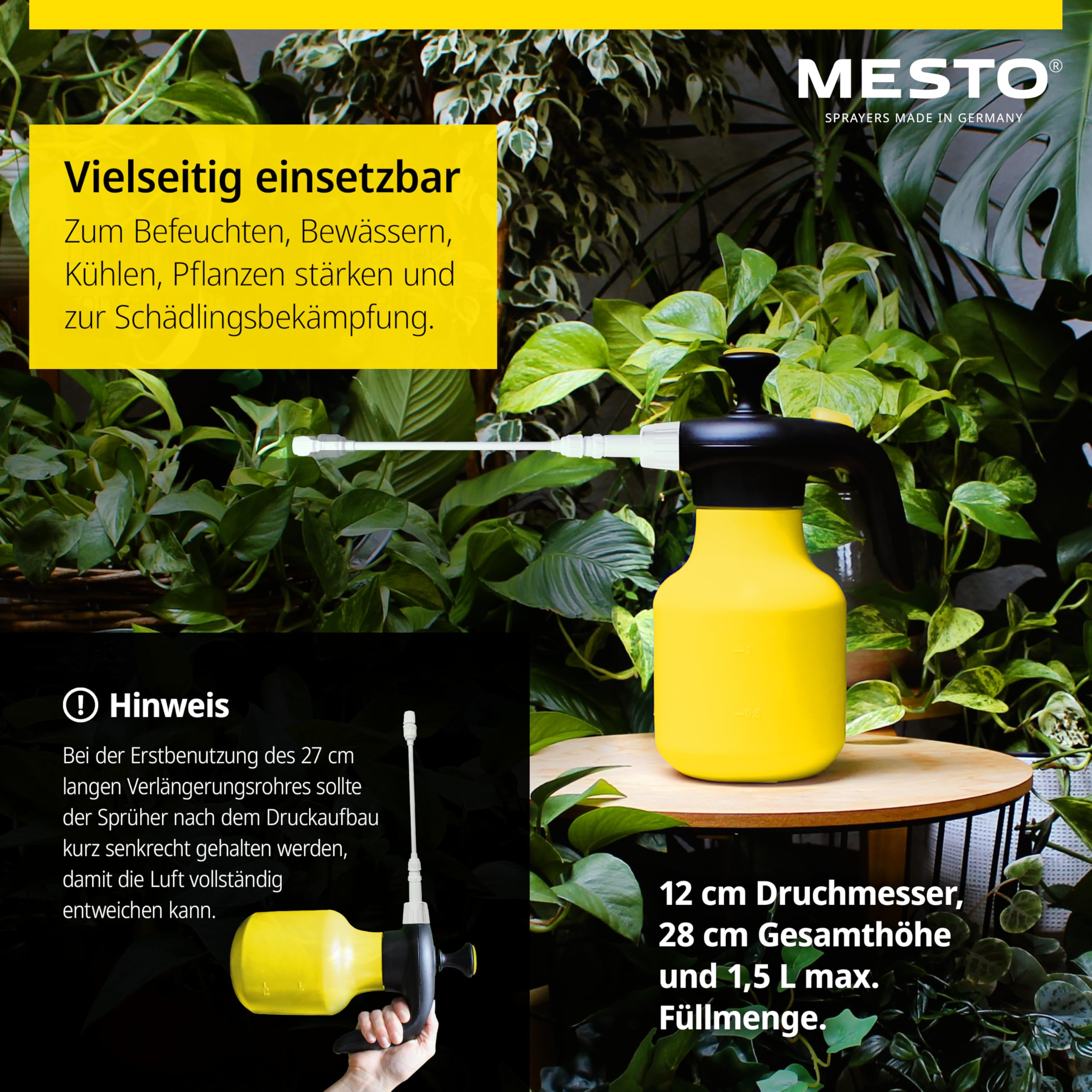 Mesto BUGSI 360° Drucksprüher 1,5L Set inkl. MESTO Verlängerungsrohr 27cm | Sprühflasche für Garten & Pflanzen | Pumpsprühflasche | Sprühgerät mit 2 in 1 Ventil | Pflanzensprüher | Verstellbare Düse