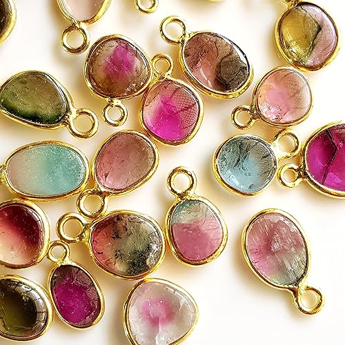 Miniatura 5 de Rare Gemstone Piedras preciosas de turmalina sandía, dijes auténticos de un solo bucle/colgantes pequeños, plata 925 chapada en oro de 14 quilates,
