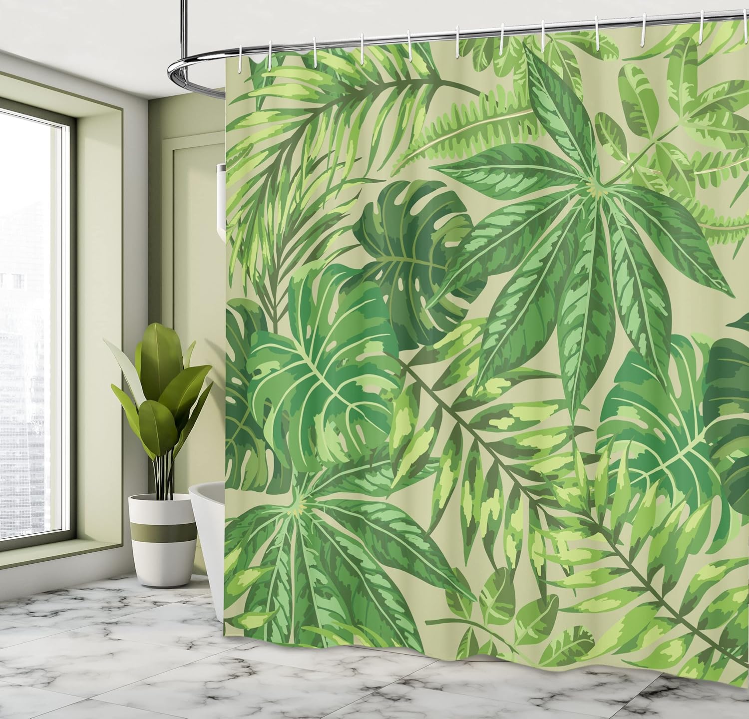 Ambesonne Green Leaf Shower Curtain, Exotic Pattern with Tropical Leaves Fresh Jungle Aloha Hawaii, Cloth Fabric Bathroom Decor Set with Hooks, 69" W x 84" L, Apple Green Fern Green
