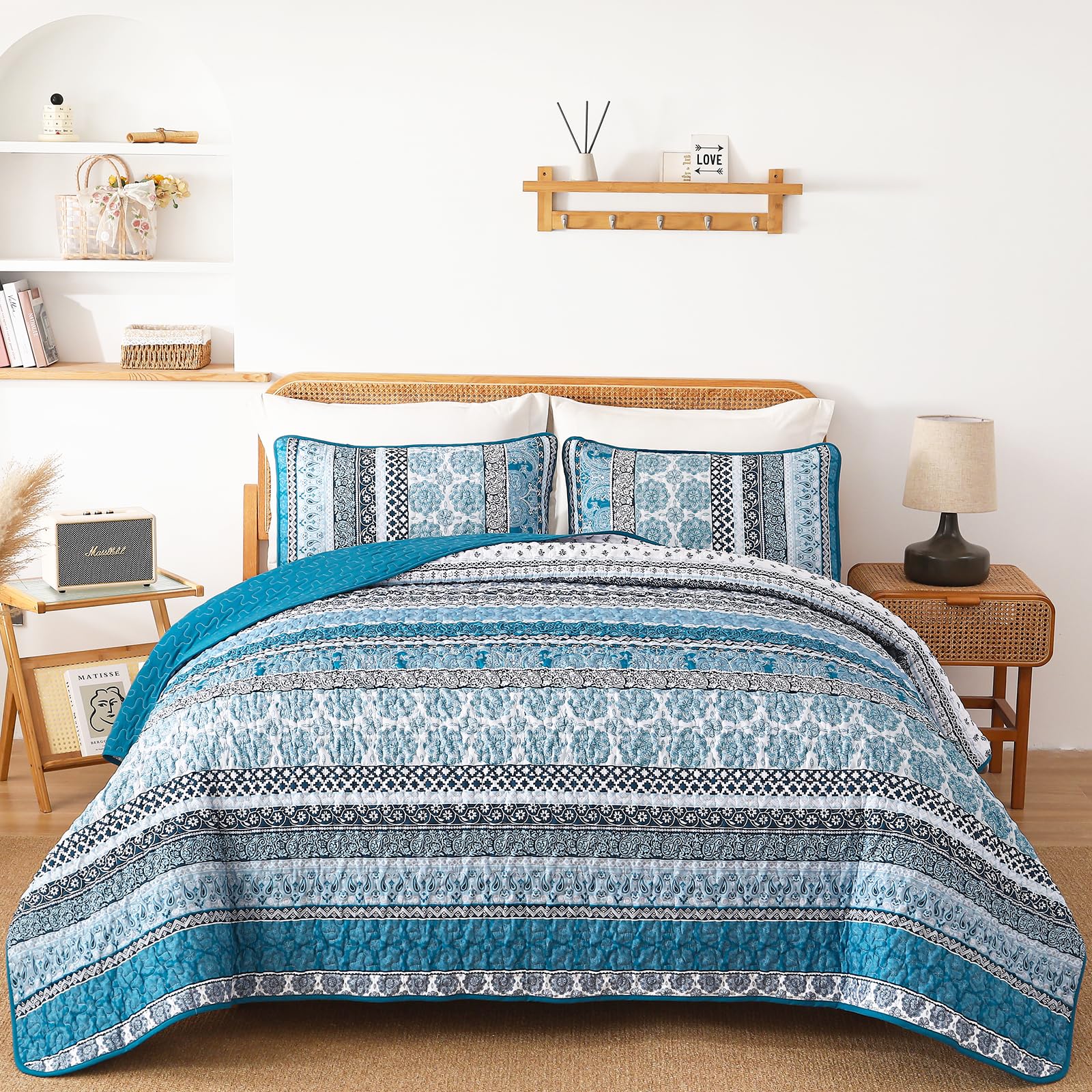 WONGS BEDDING Boho Quilt Set Queen Size, Teal Blue Bohemian 3 Pieces Quilt Sets, Lightweight Bedspread Coverlet Bedding Set for All Season (96"x90")