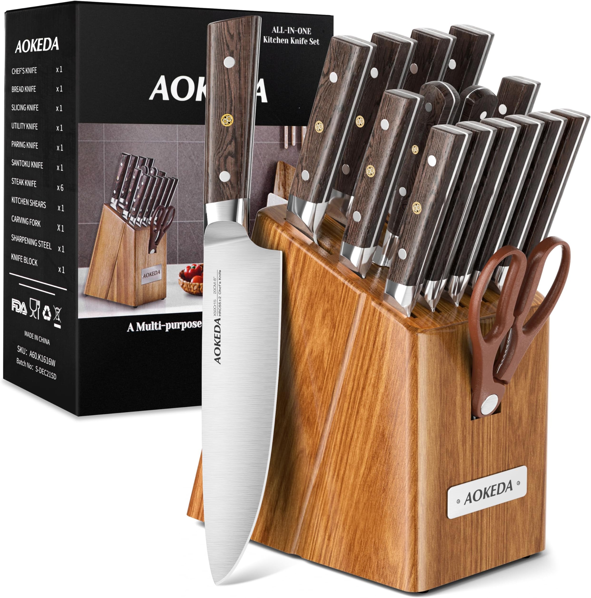 16-Piece Kitchen Knife Set with Block, with Kitchen Shears and Sharpener, High Carbon German Steel(Natural Wenge)